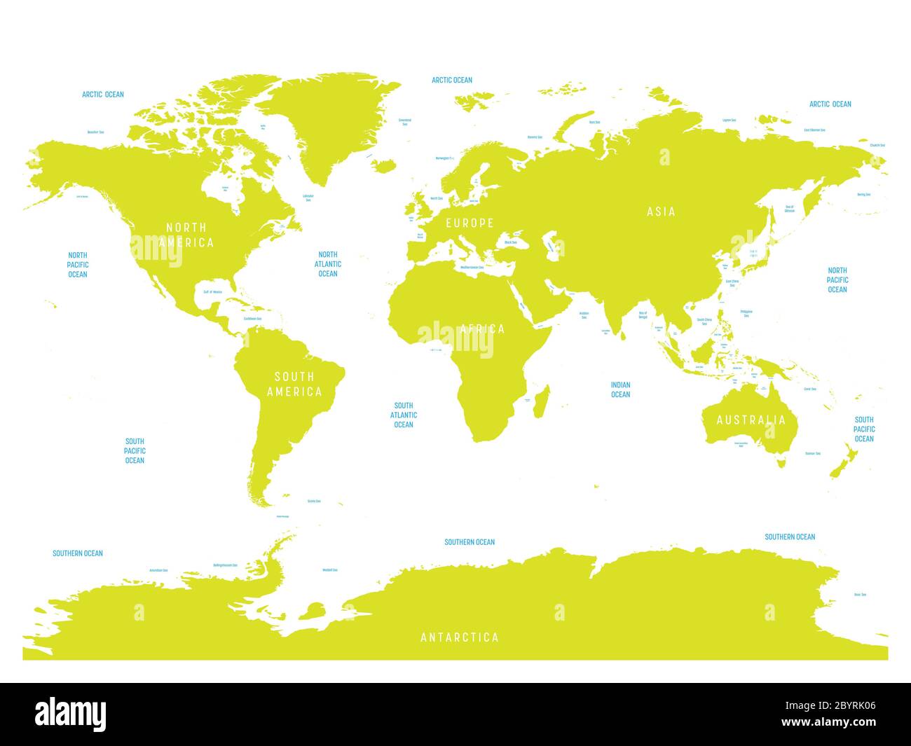 Oceanographical map of World with labels of oceans, seas, gulfs, bays