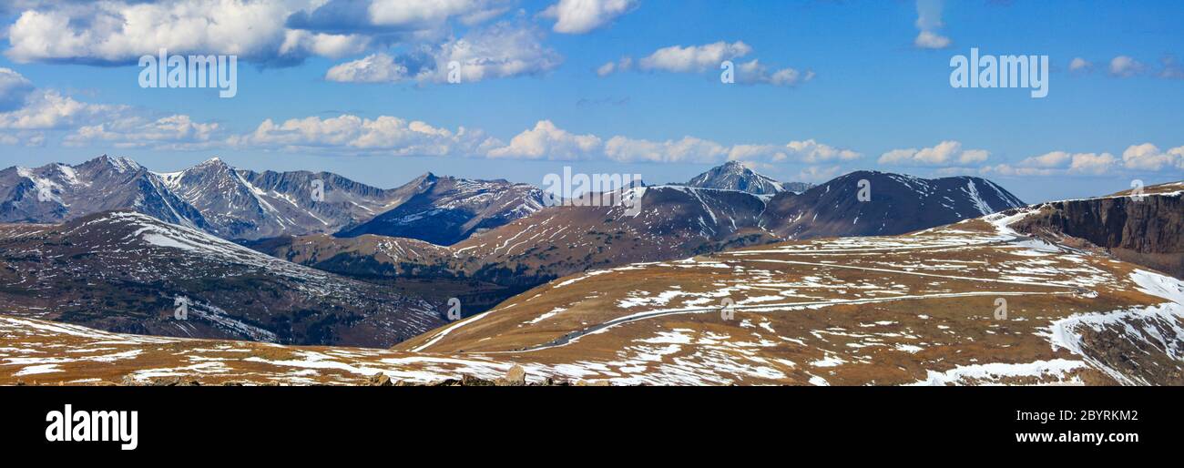 Highest paved route in USA 'Trail Ridge Road' winding through Rocky Mountain National Park with hairpin bends and snowy peaks. Colorado, United States Stock Photo