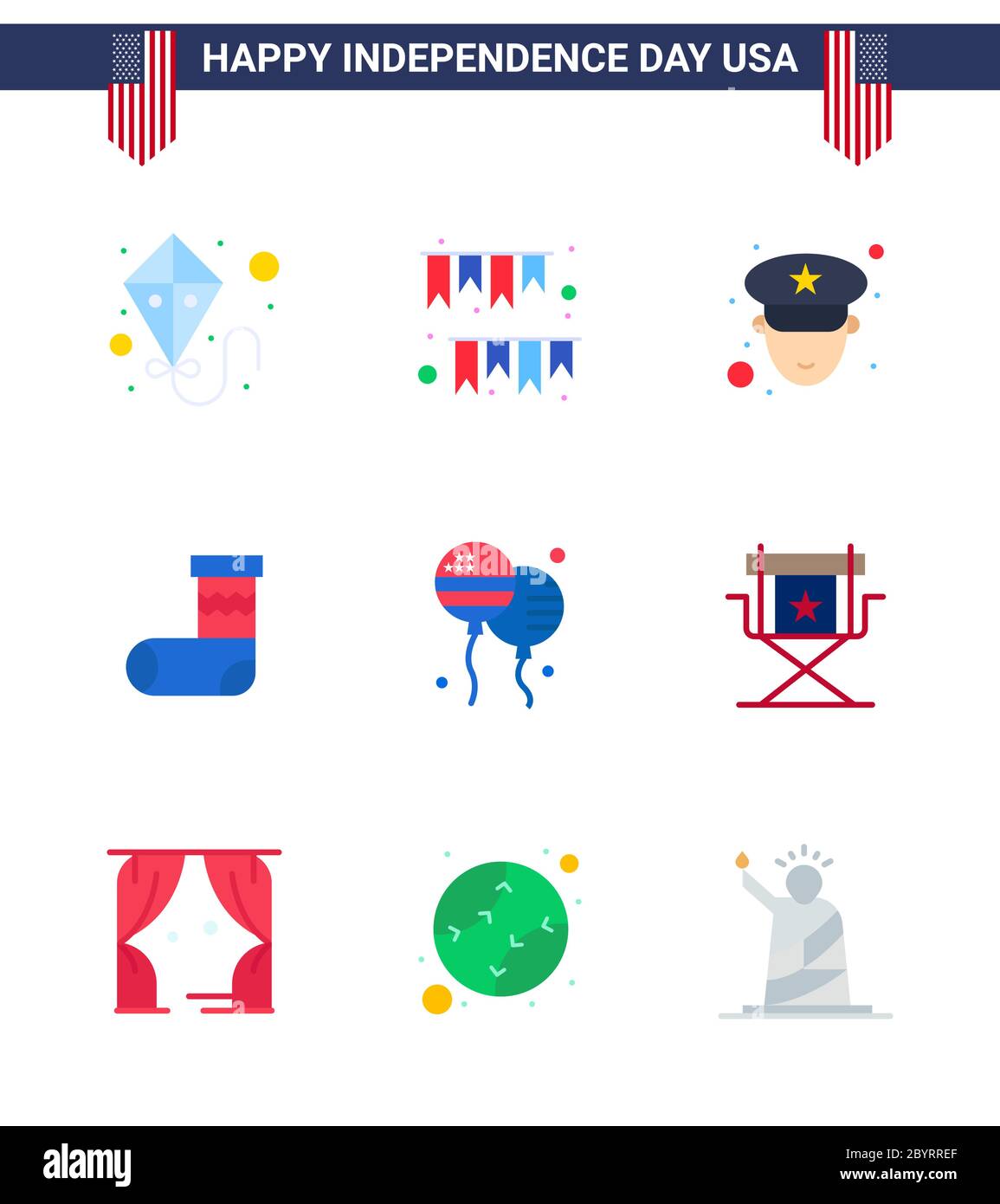USA Independence Day Flat Set of 9 USA Pictograms of fly; bloon; man; gift; christmas Editable USA Day Vector Design Elements Stock Vector
