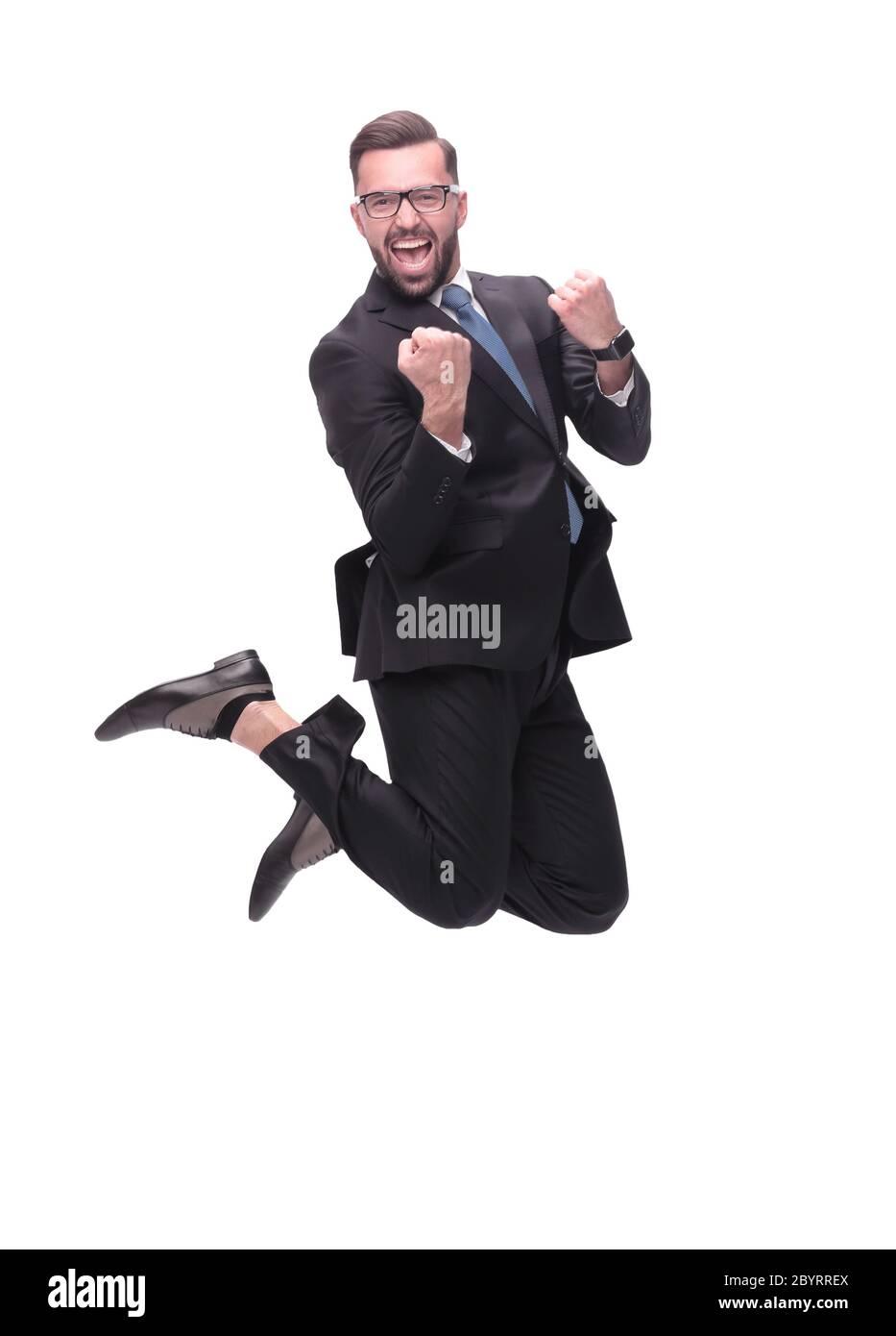 in full growth. happy dancing young businessman Stock Photo