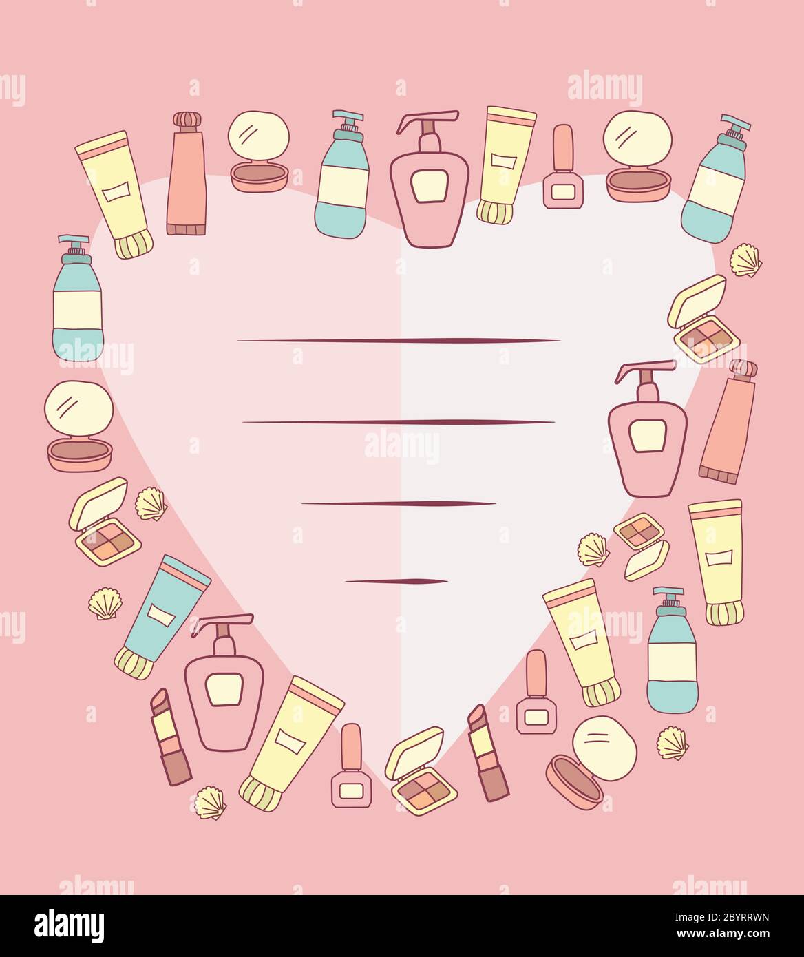Products and creams for makeup. Cosmetics - bottles, tonic and lotion, lipstick, nail polish, eyeshadow and a small mirror and shells. In the center Stock Vector