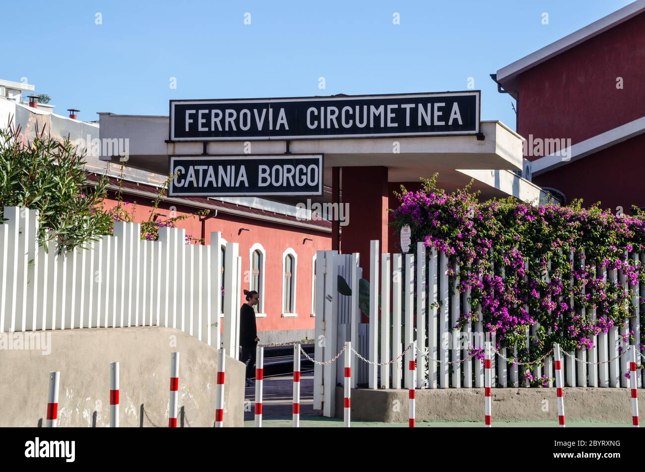 Sign of Catania Borgo train station, along the Ferrovia Circumetnea, train line around the Mount Etna, Sicily, Italy Stock Photo
