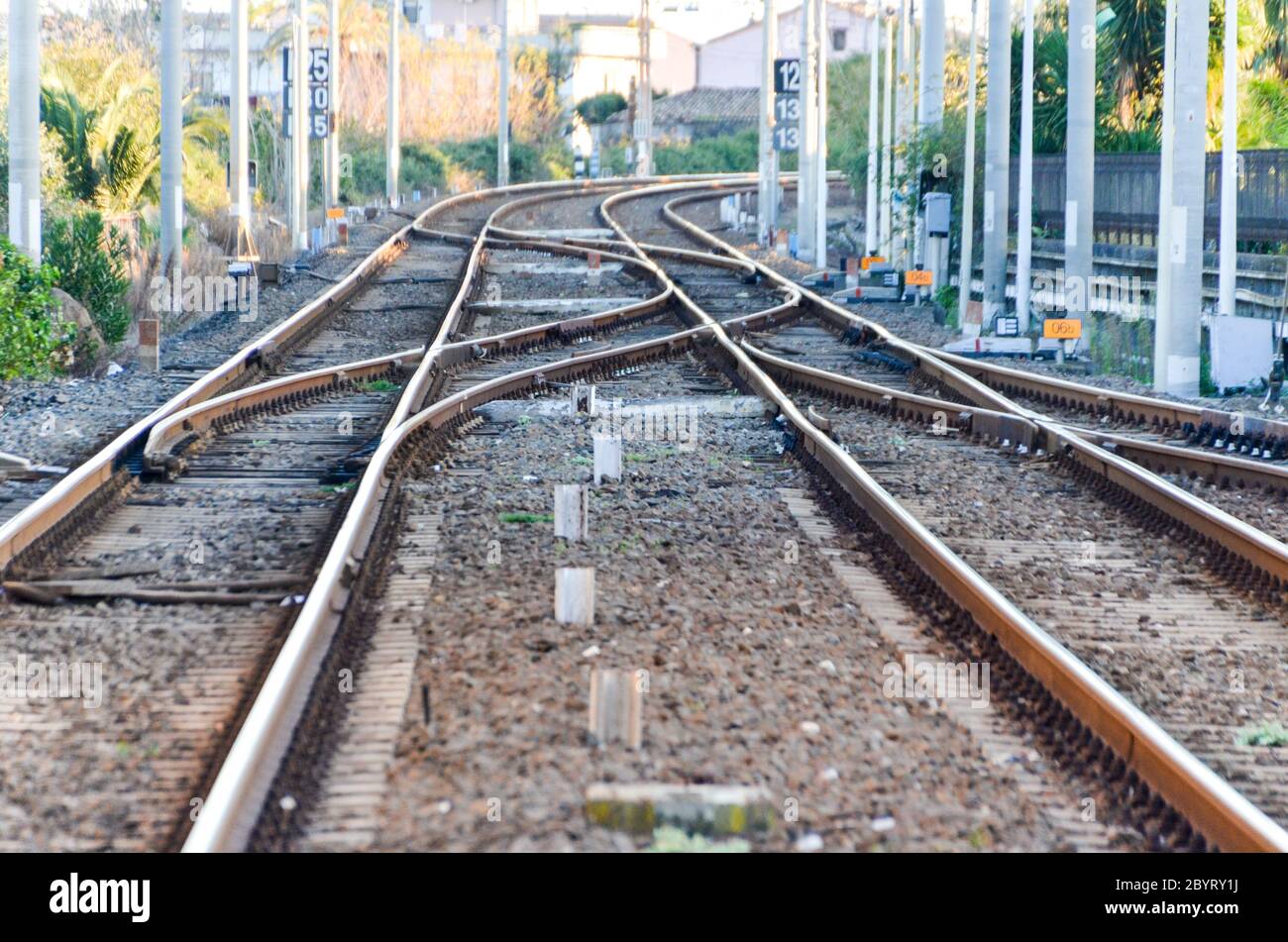 Railway lines of the Ferrovia Circumetnea, train line around the Mount Etna, Sicily, Italy Stock Photo