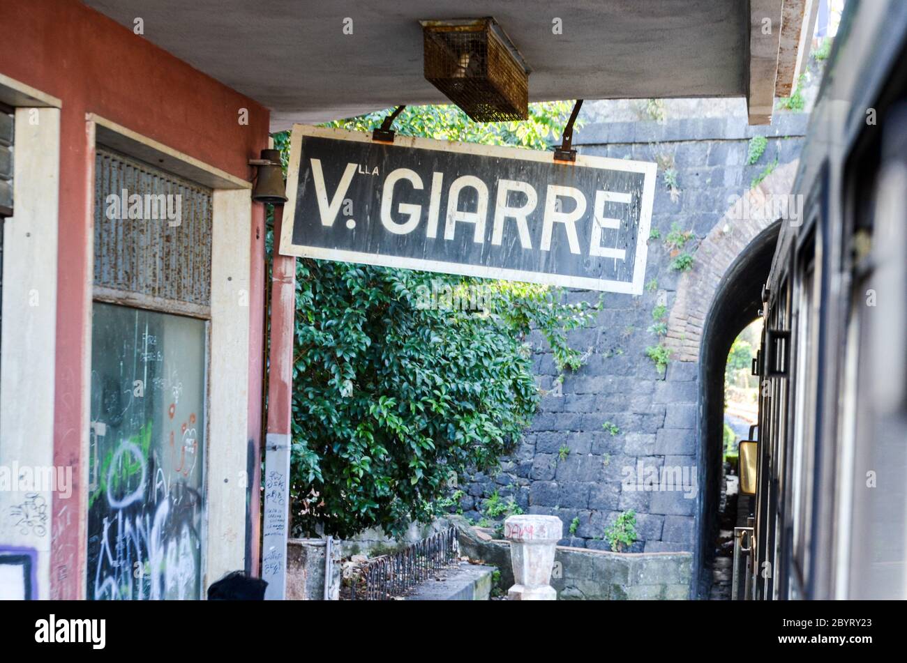 Train station of Giarre, along the Ferrovia Circumetnea, train line around the Mount Etna, Sicily, Italy Stock Photo