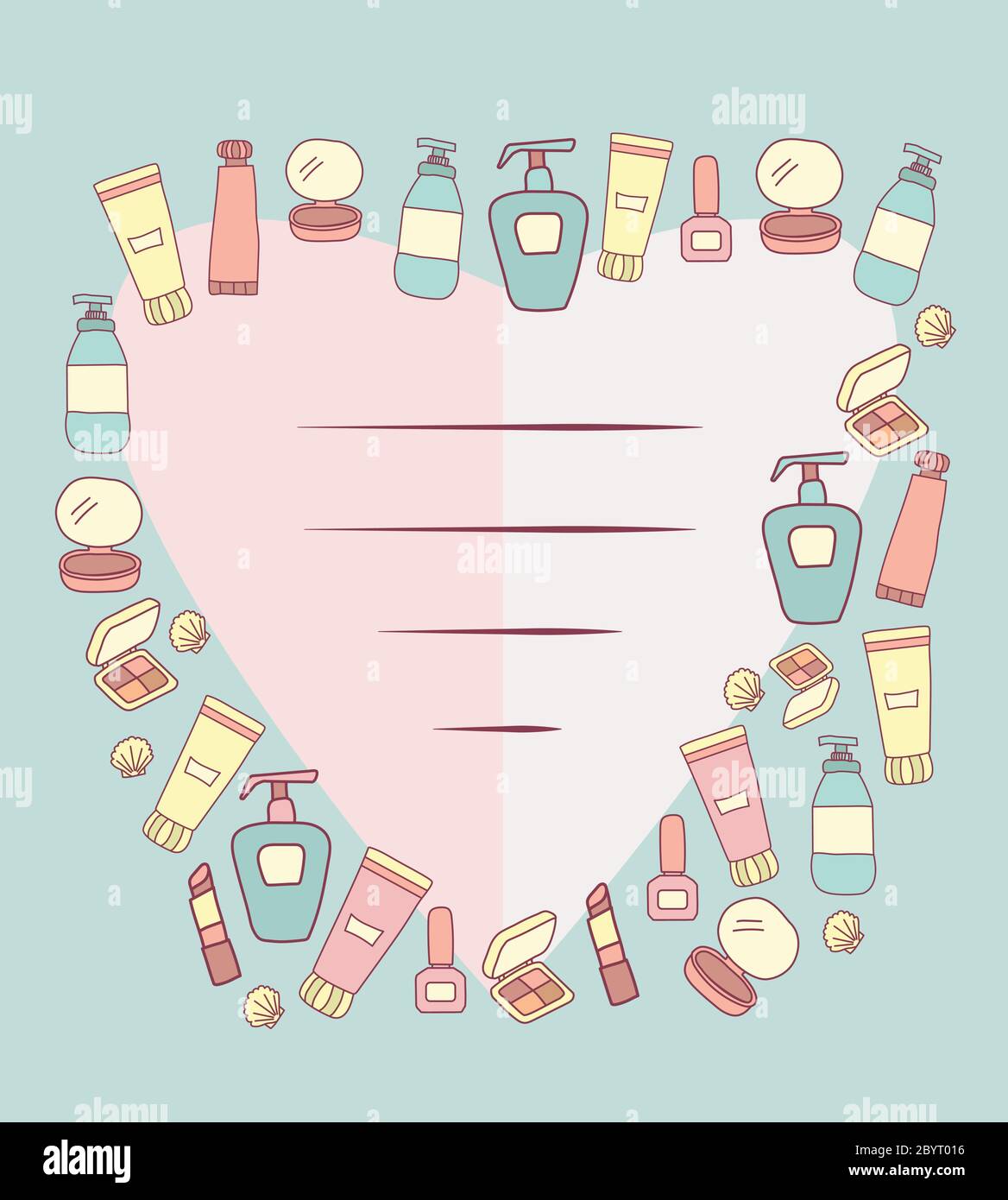 Products and creams for makeup. Cosmetics - bottles, tonic and lotion, lipstick, nail polish, eye shadow and a small mirror and sea shells. In the Stock Vector