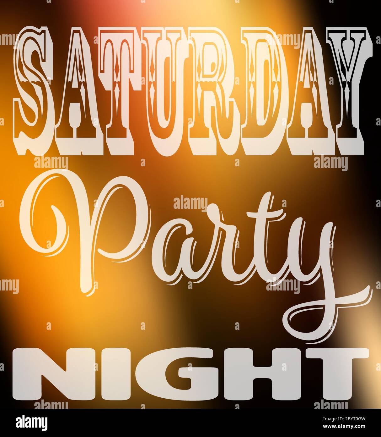 Saturday party night quote. Square card with label in different fonts