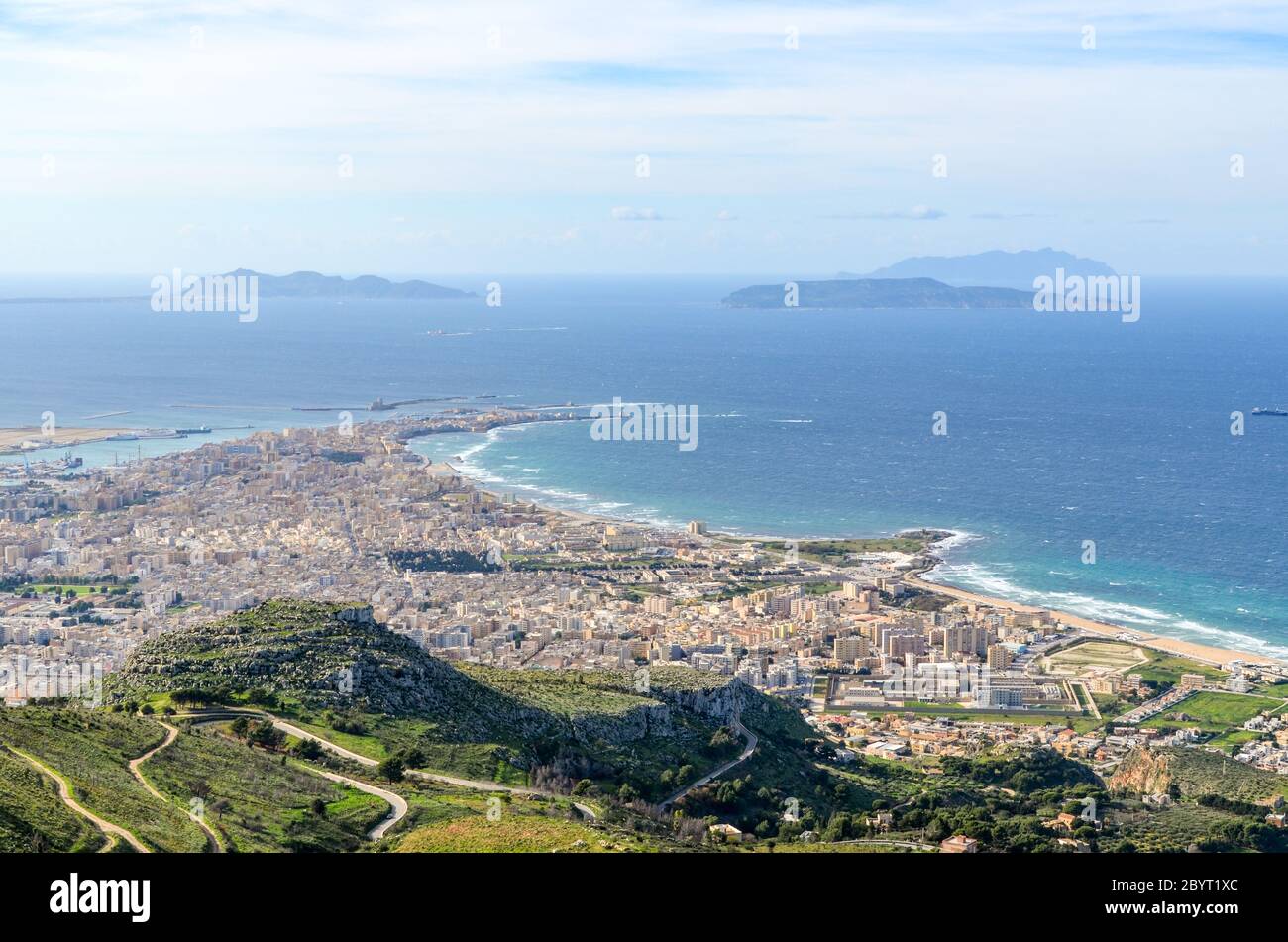Aerial views of Trapani from Erice, Sicily, Italy, in winter (December) Stock Photo