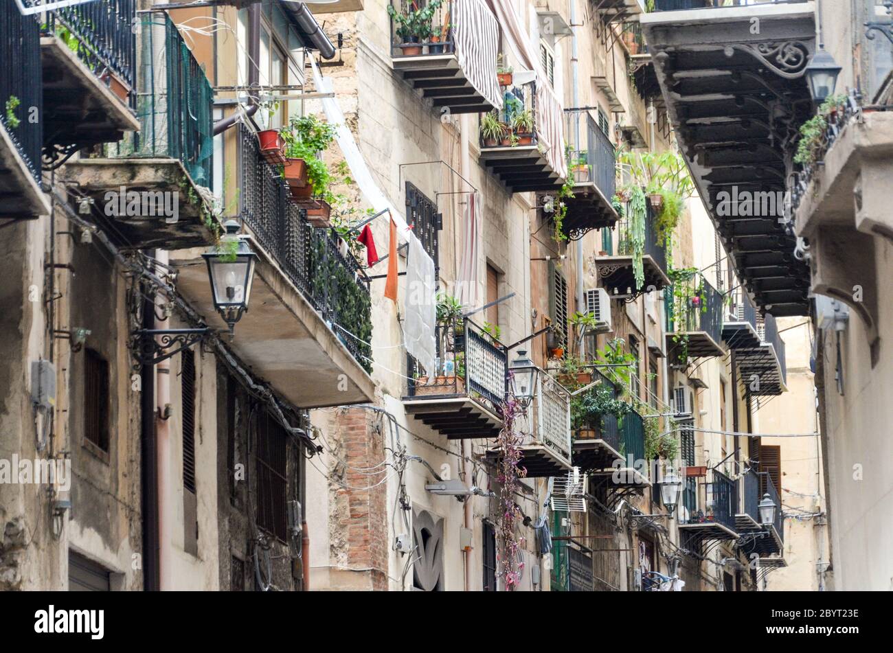 Baroque balconies in the city of Palermo, sicily, Italy, in Winter (December-January) Stock Photo
