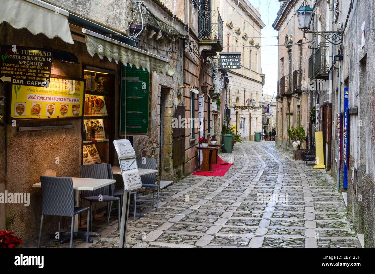 Tourist street in Erice, Sicily, Italy Stock Photo