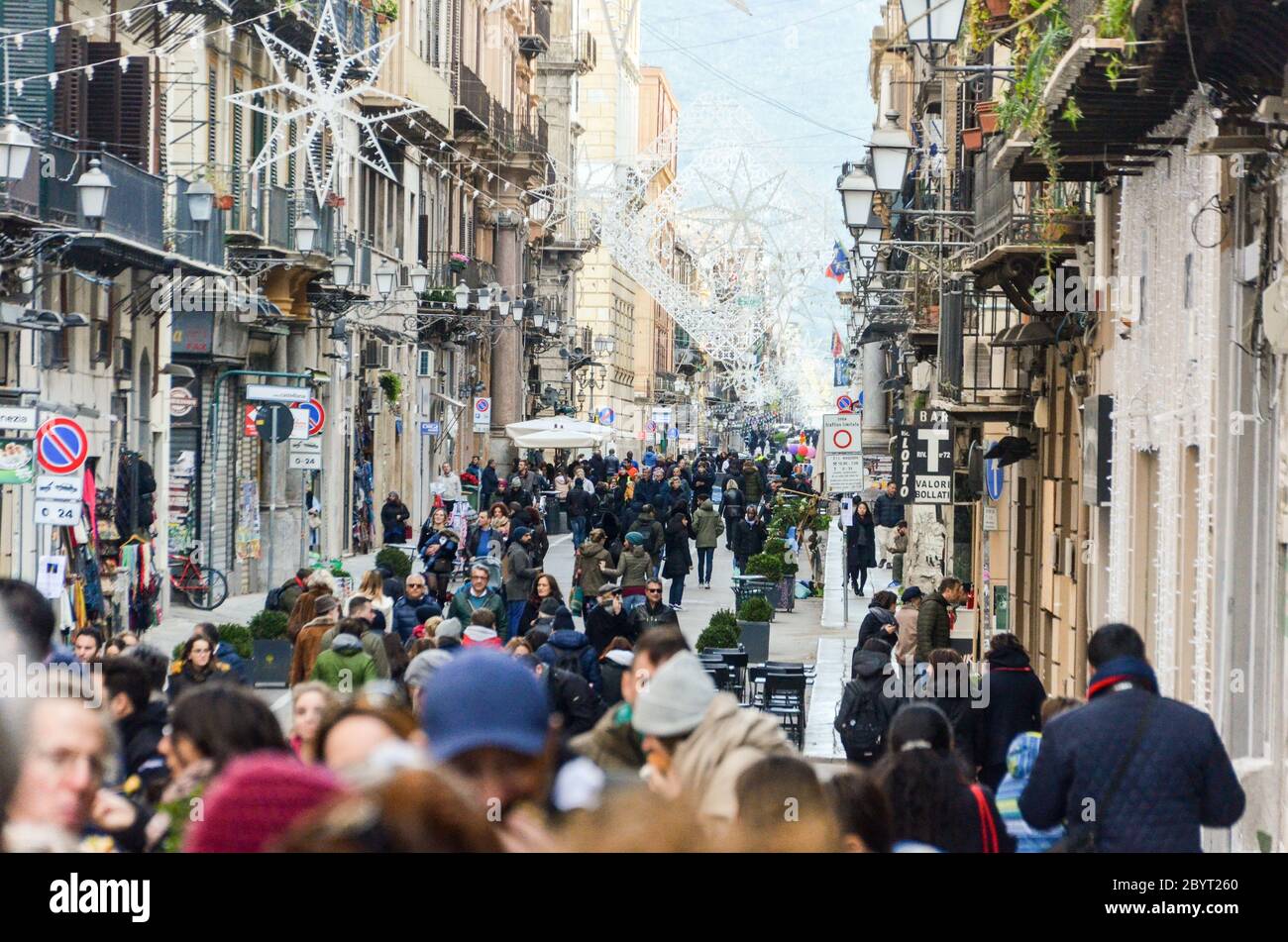 Crowd walking in the winter of Palermo, Sicily, Italy Stock Photo