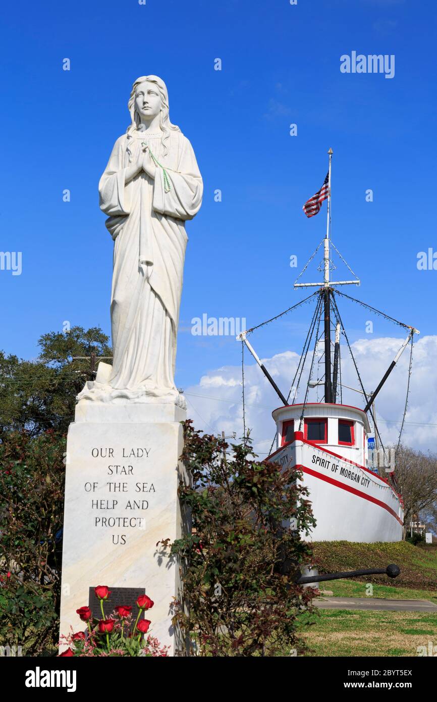 Shrimp boat & statue, Historic District, City, Louisiana, USA