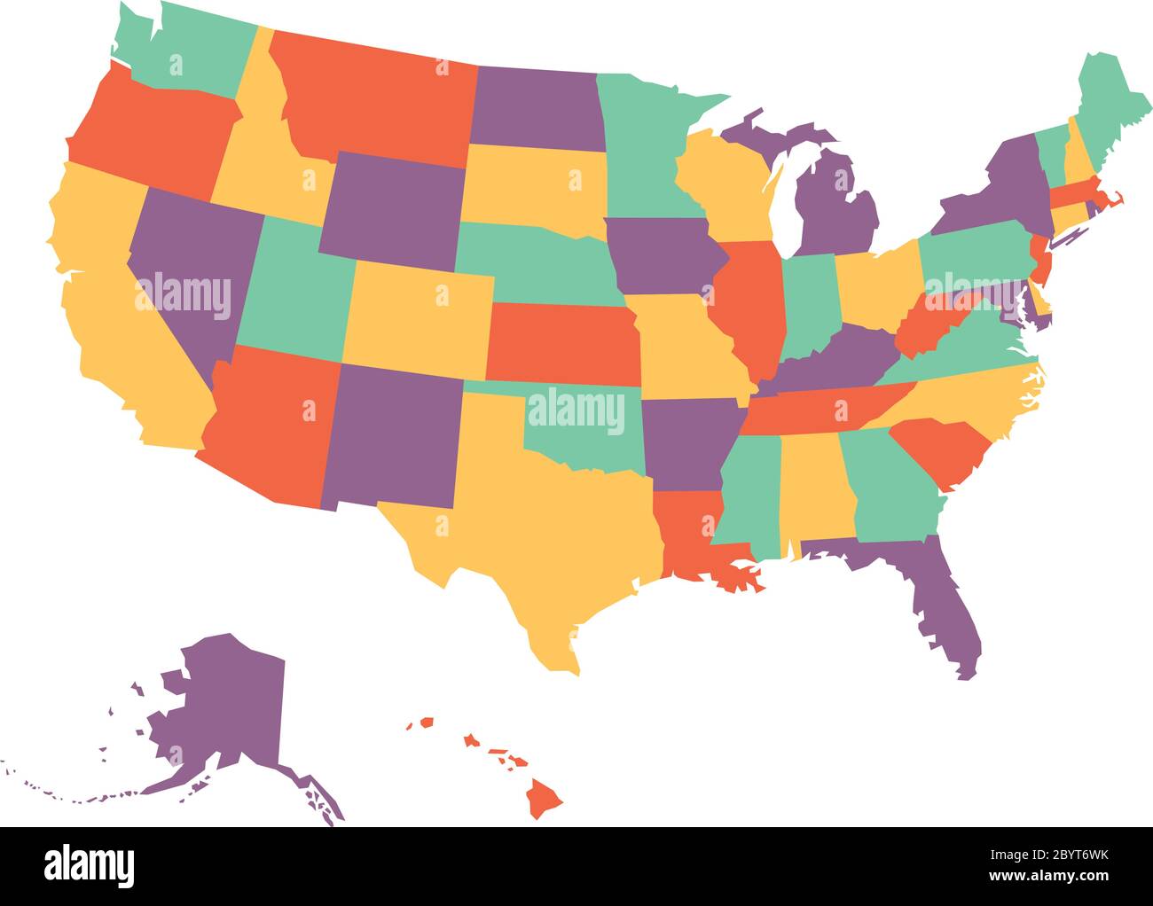 Political map of USA, United States of America, in four colors on white background. Vector illustration. Stock Vector