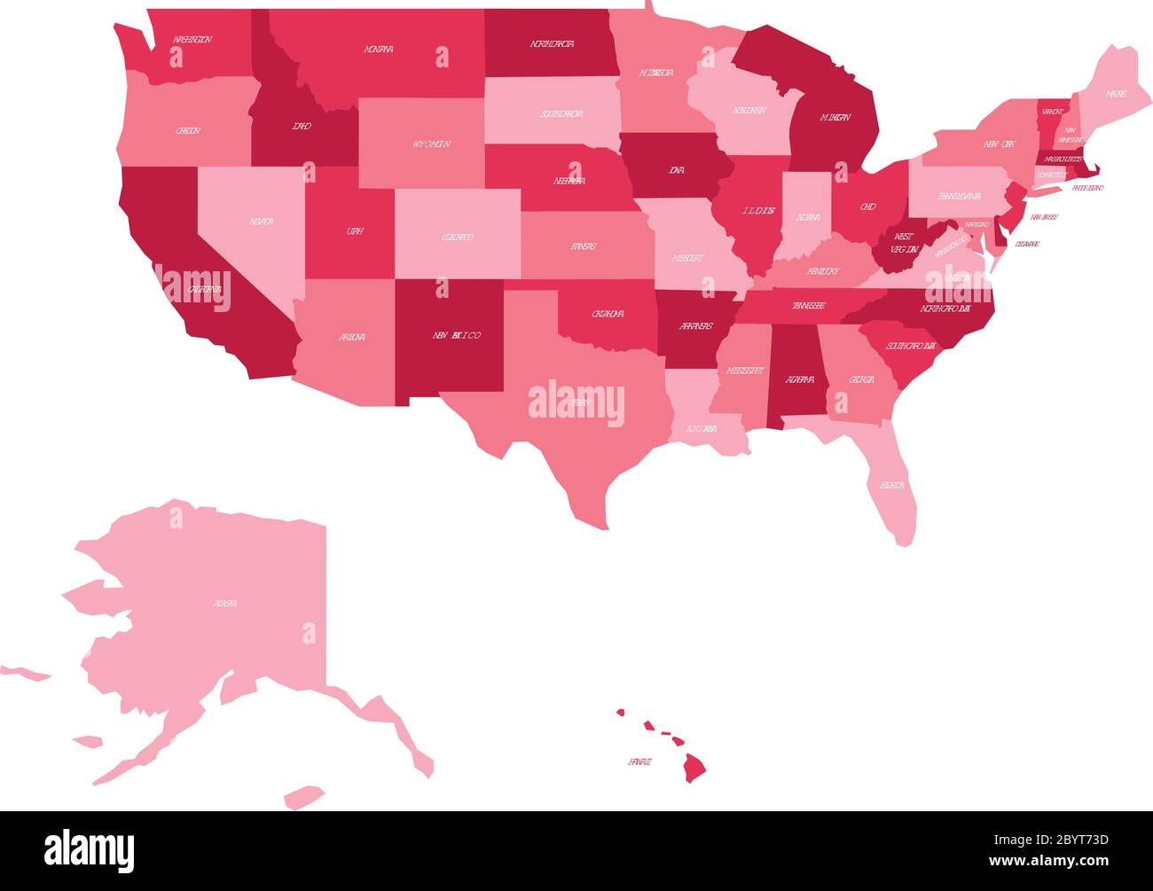 Political map of United States od America, USA. Simple flat vector map in four shades of pink with white state name labels on white background. Stock Vector