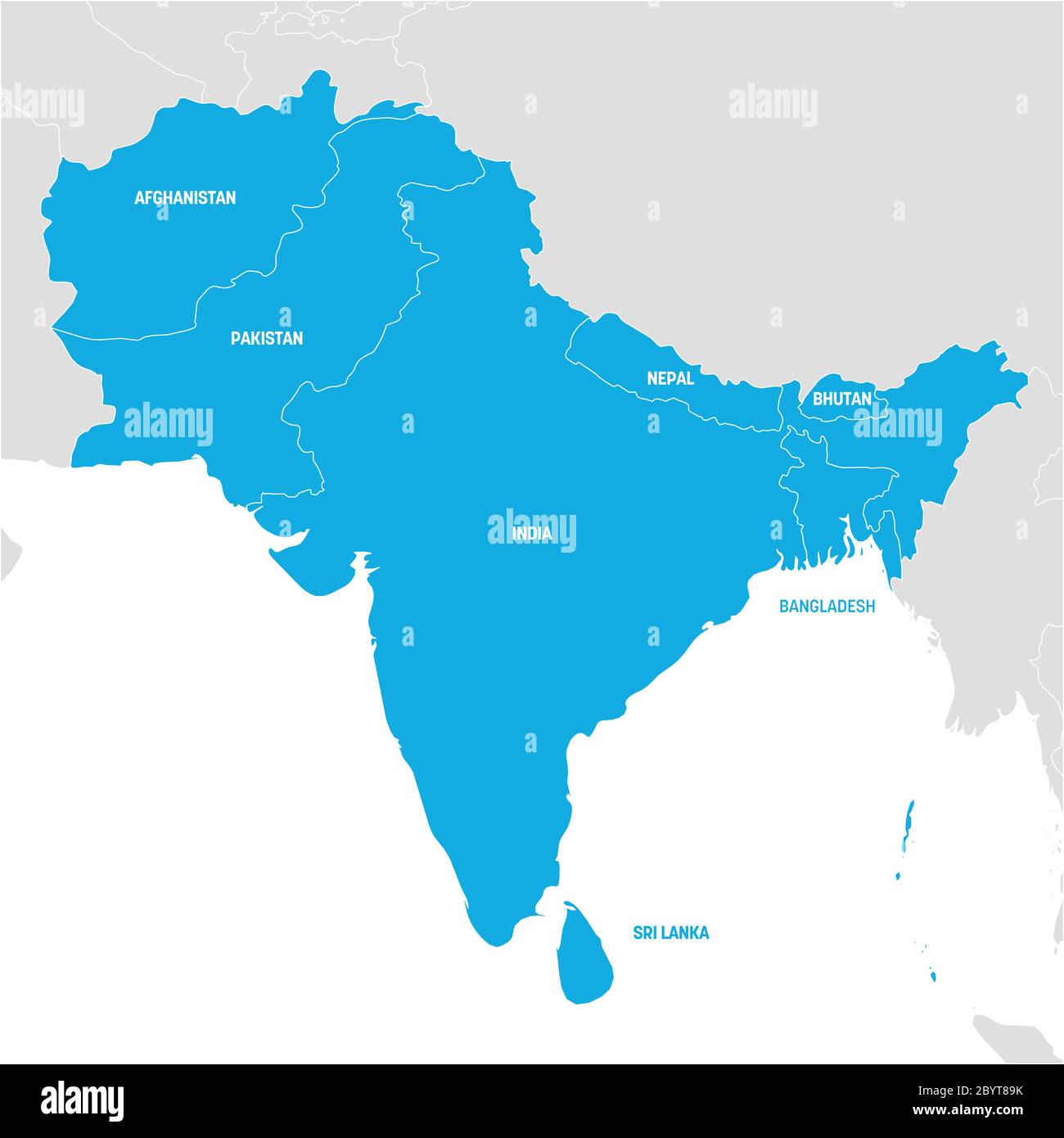 South Asia Region. Map of countries in southern Asia. Vector