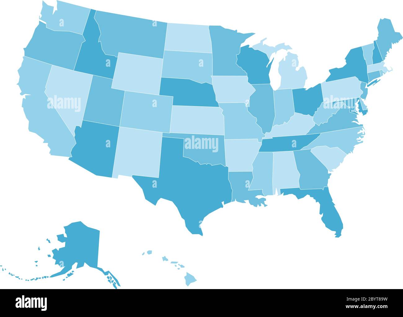 Blank map of United States of America, aka USA, divided into states in four shades of blue. Simple flat vector illustration on white background. Stock Vector