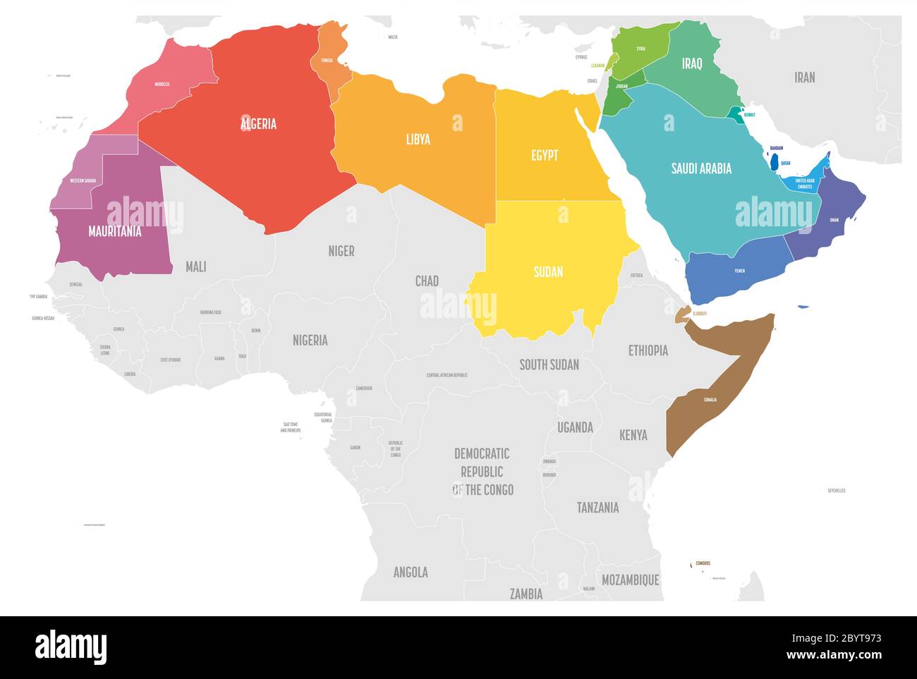 Arab World states political map with colorfully higlighted 22 arabic-speaking countries of the Arab League. Northern Africa and Middle East region. Vector illustration. Stock Vector