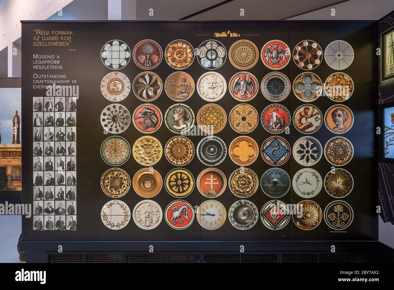 Budapest, Hungary - Feb 10, 2020: Arrays of decorative emblems in exhibition used inside Hungarian Parliament Stock Photo