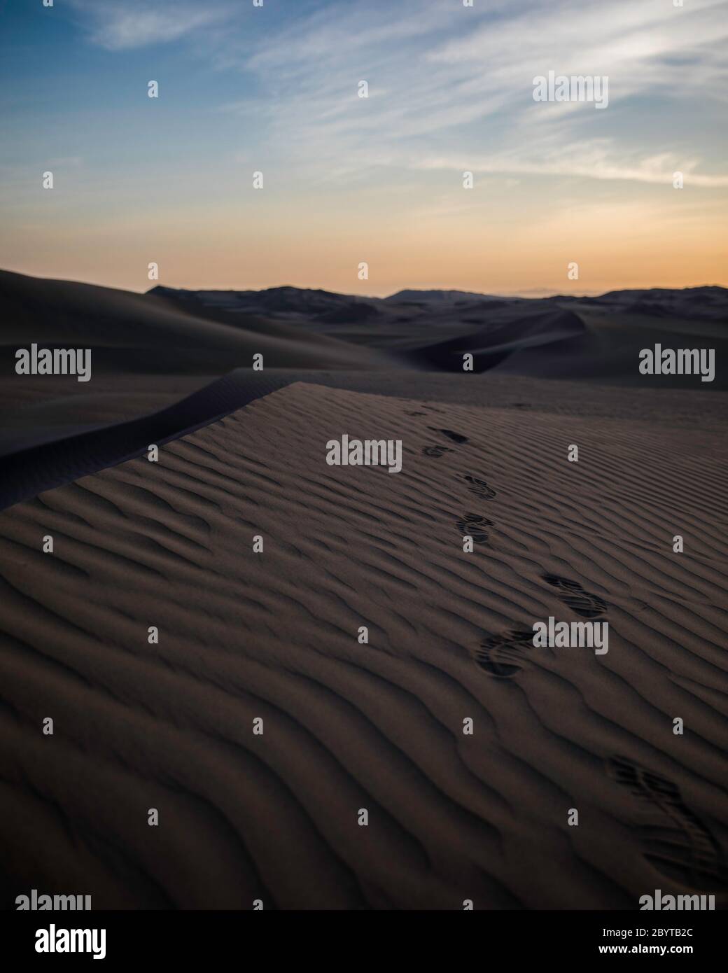 footprints in the desert, no people, sunset and blue sky Stock Photo