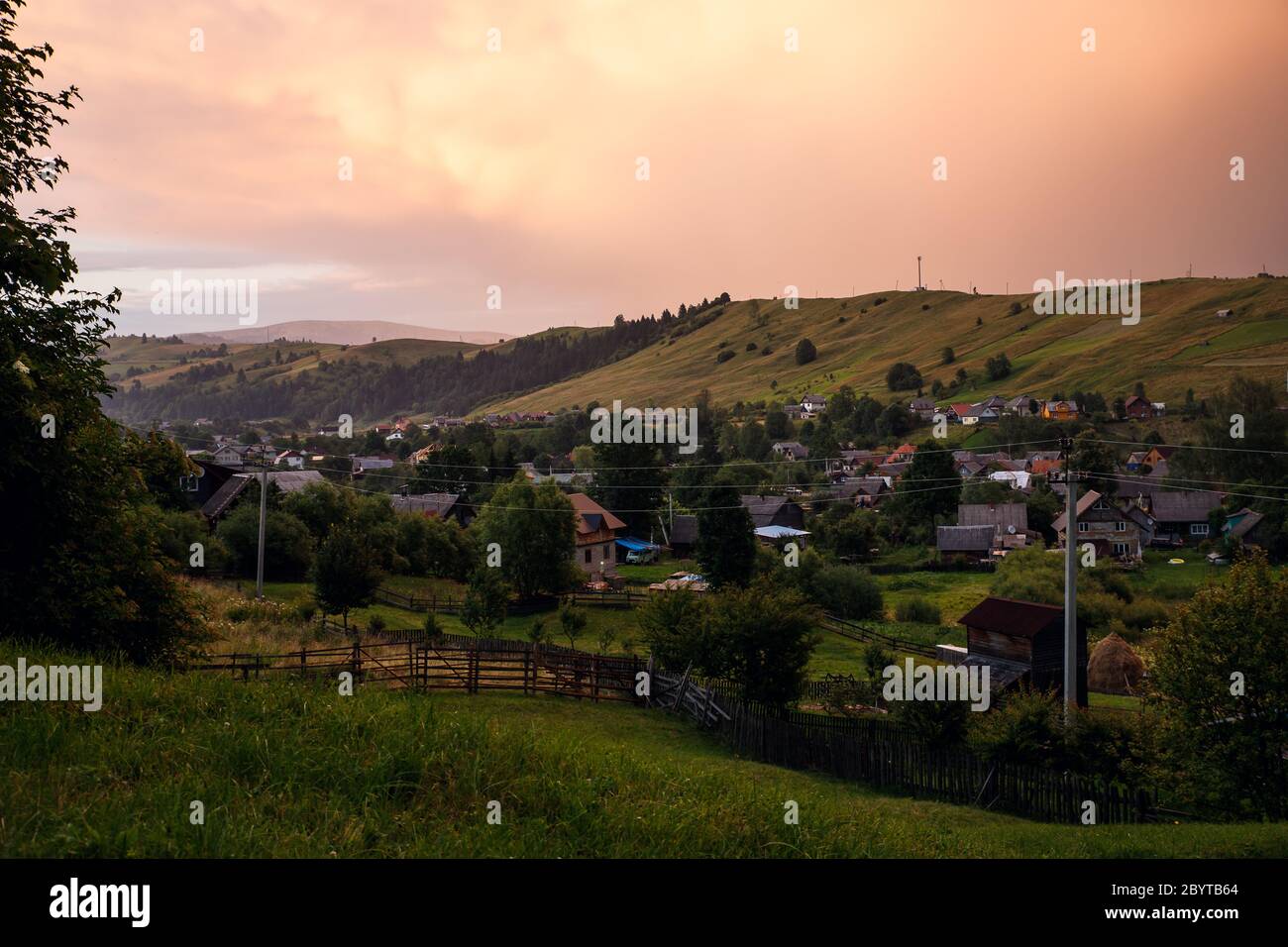 Views of the Carpathians - this is a beautiful country in the mountains of the Carpathians after sunset. Carpathians are located in Ukraine. In the Stock Photo