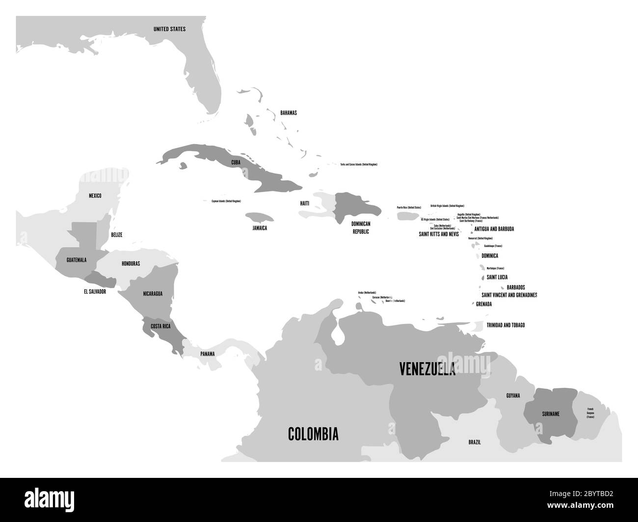 Central America and Caribbean states political map in four shades of grey with black country names labels. Simple flat vector illustration. Stock Vector