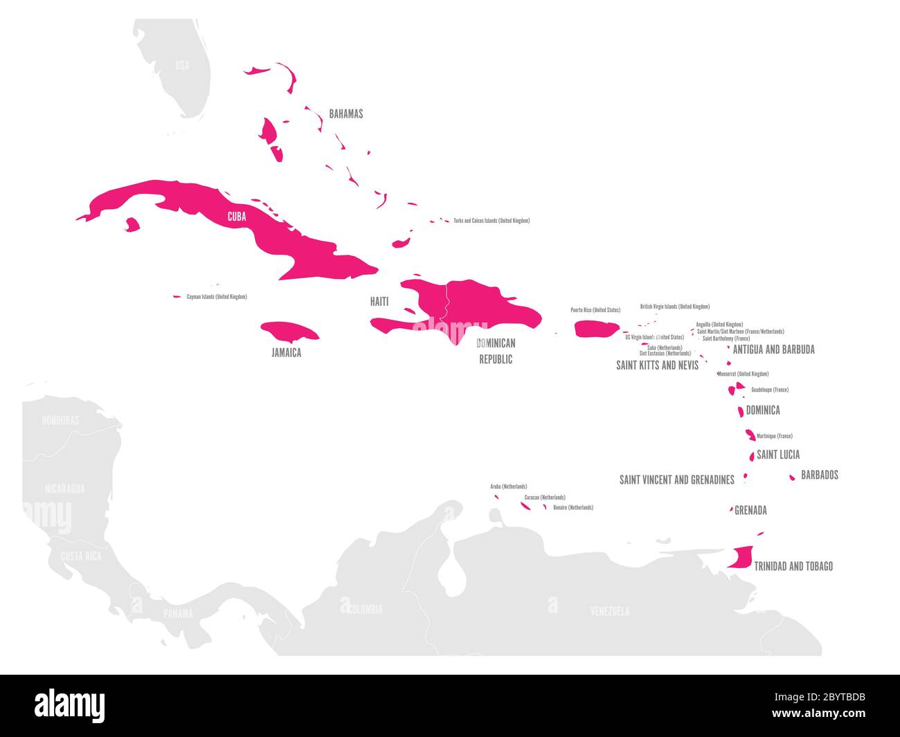 Political map of Carribean. Pink highlighted states and dependent territories. Simple flat vector illustration. Stock Vector
