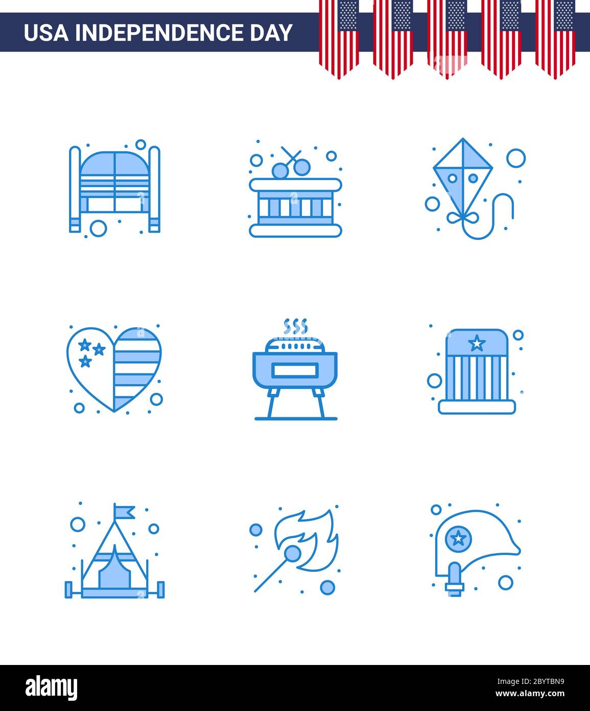 Happy Independence Day 9 Blues Icon Pack for Web and Print festivity; barbeque; kite; usa; country Editable USA Day Vector Design Elements Stock Vector