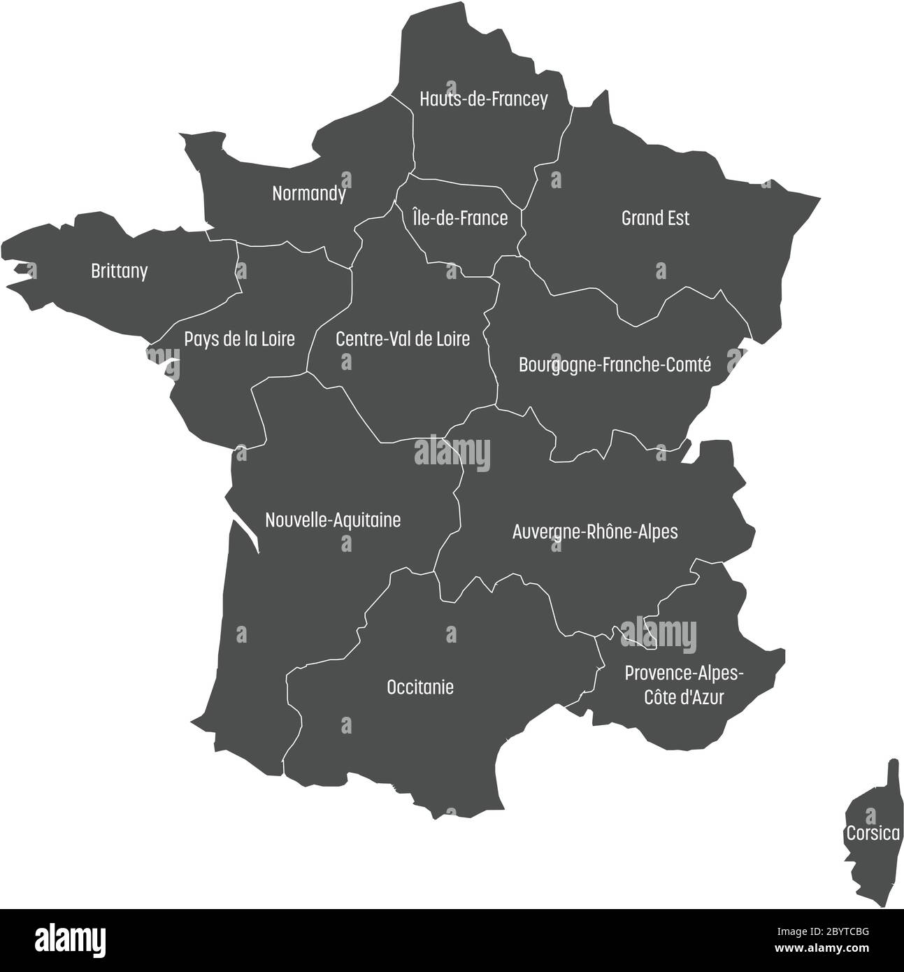 Grey map of France divided into 13 administrative metropolitan regions, since 2016. Vector illustration. Stock Vector