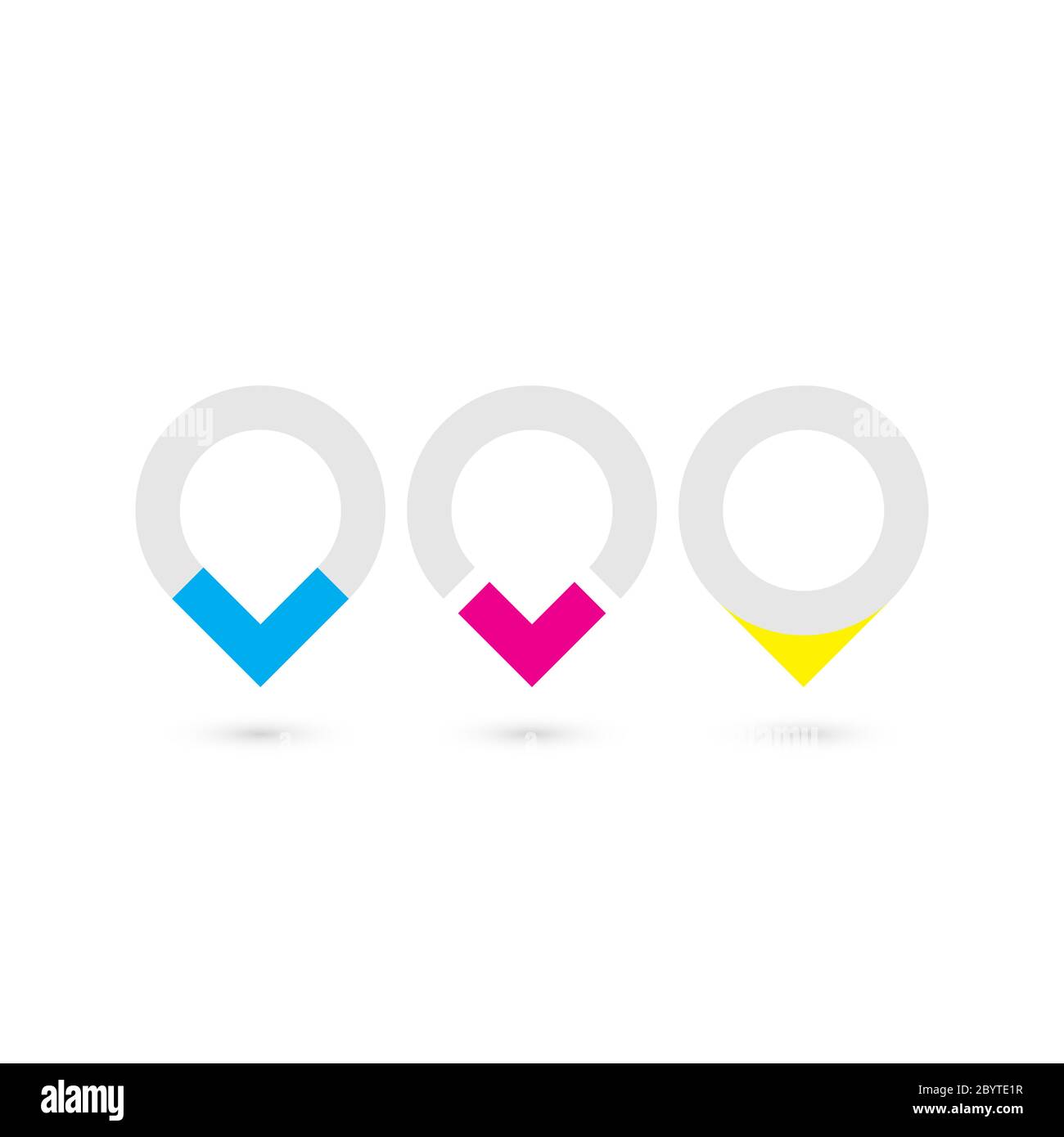 Set of three original map pointers - navigation pins. Simple flat vector objects in grey, cyan, magenta and yellow. Stock Vector