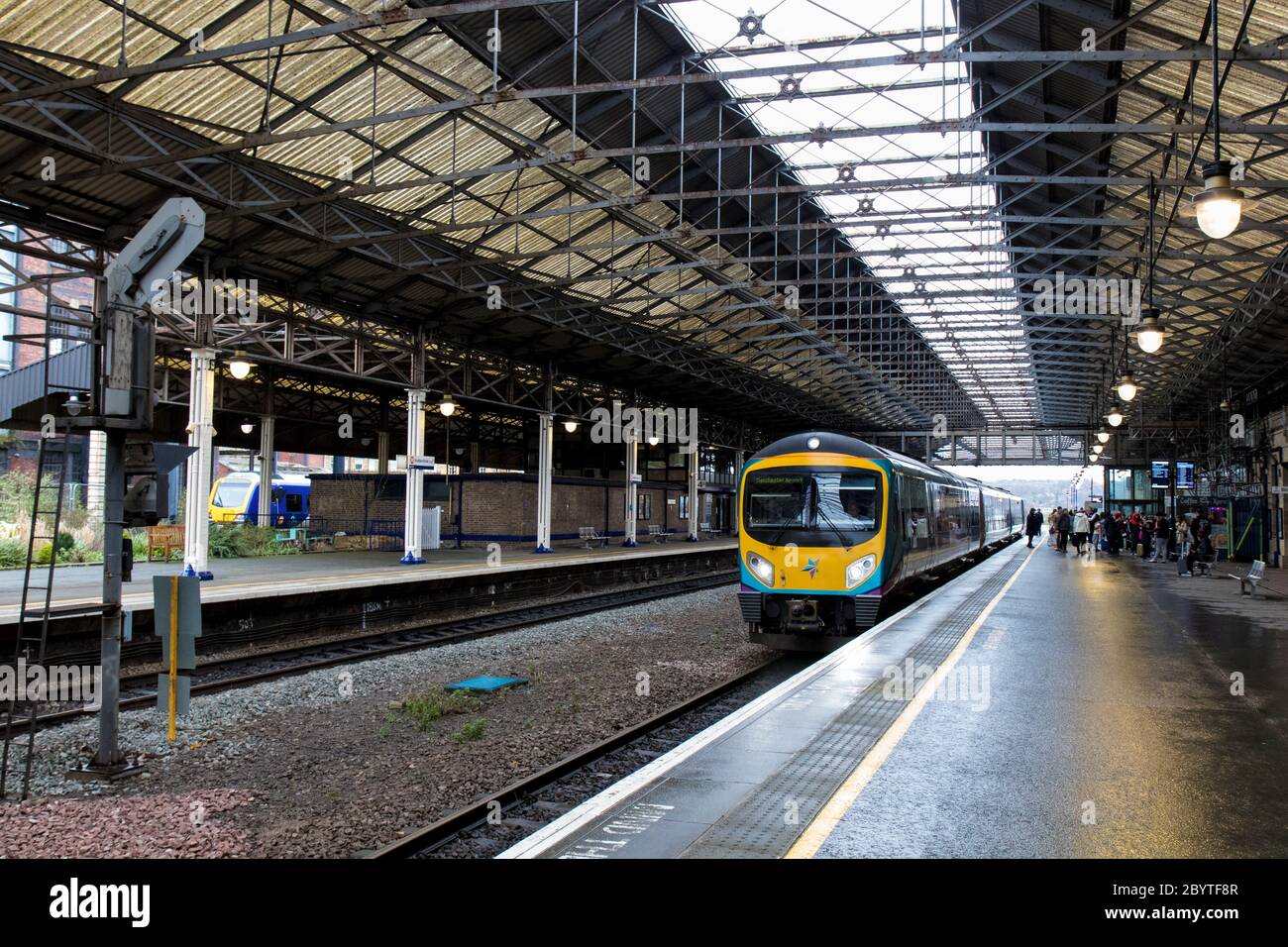 A TransPennine Expressl passenger train at Huddersfield Railway Station Stock Photo