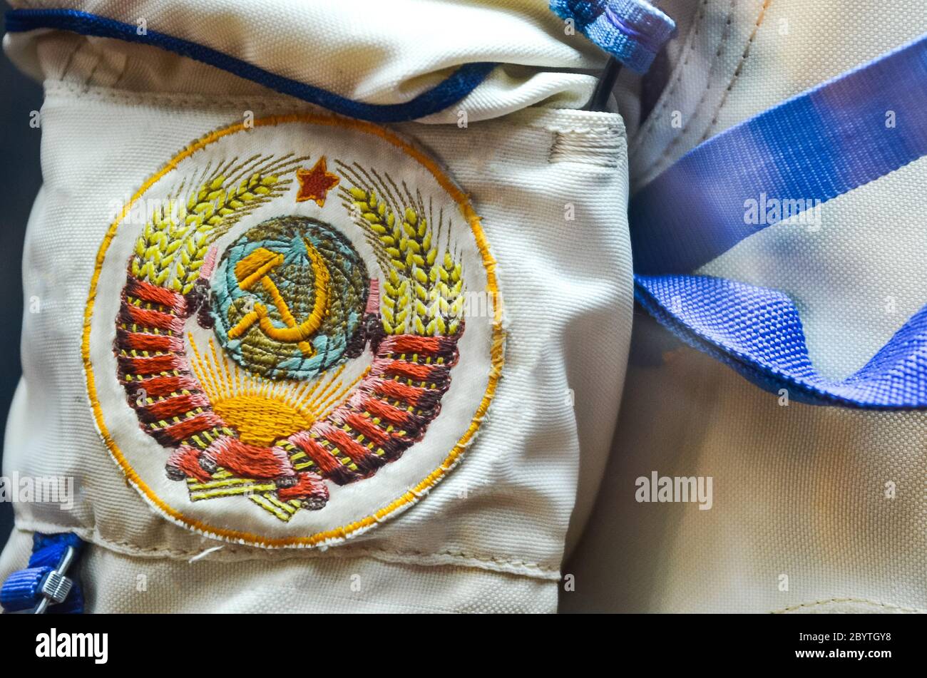 MOSCOW, RUSSIA - MAY 20, 2019: National emblem USSR on the space suit Sokol Stock Photo