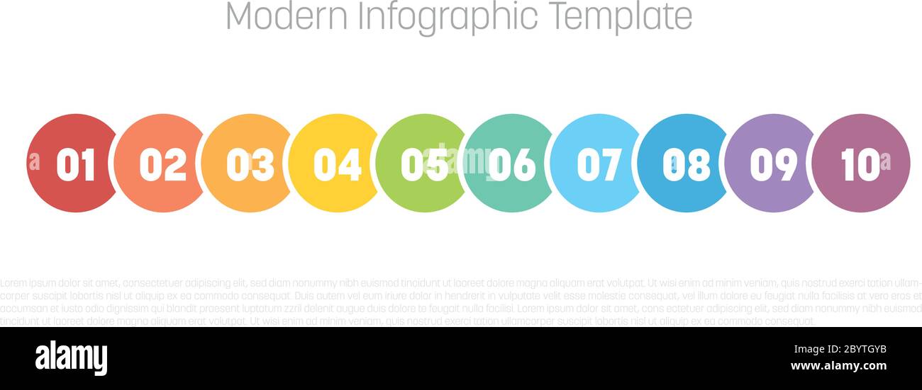 10 step process modern infographic diagram. Graph template of circles. Business concept of 10 steps or options. Modern design vector element in different colors with labels. Stock Vector