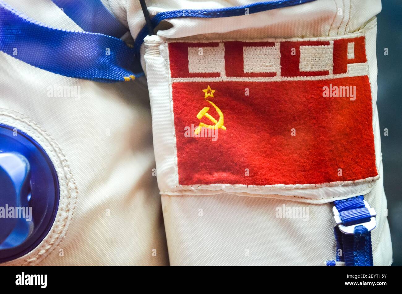 MOSCOW, RUSSIA - MAY 20, 2019: Soviet Flag and words USSR on spaceman suit Sokol Stock Photo