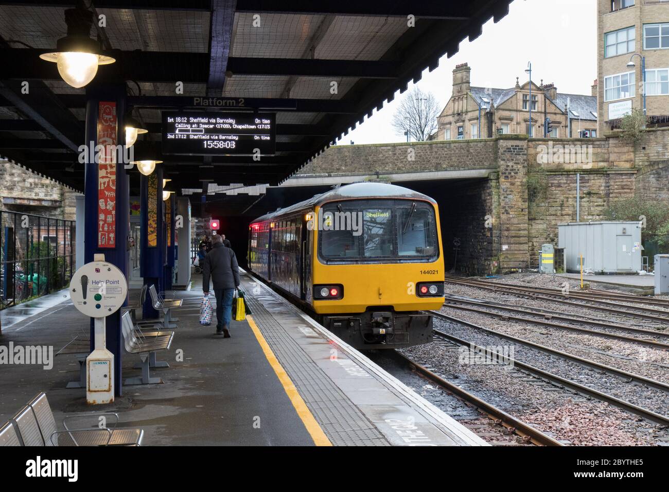 A pacer diesel passenger train at Huddersfield Railway Station Stock Photo