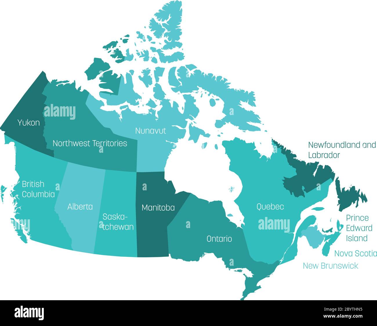 Map of Canada divided into 10 provinces and 3 territories. Administrative regions of Canada with labels. Vector illustration. Stock Vector