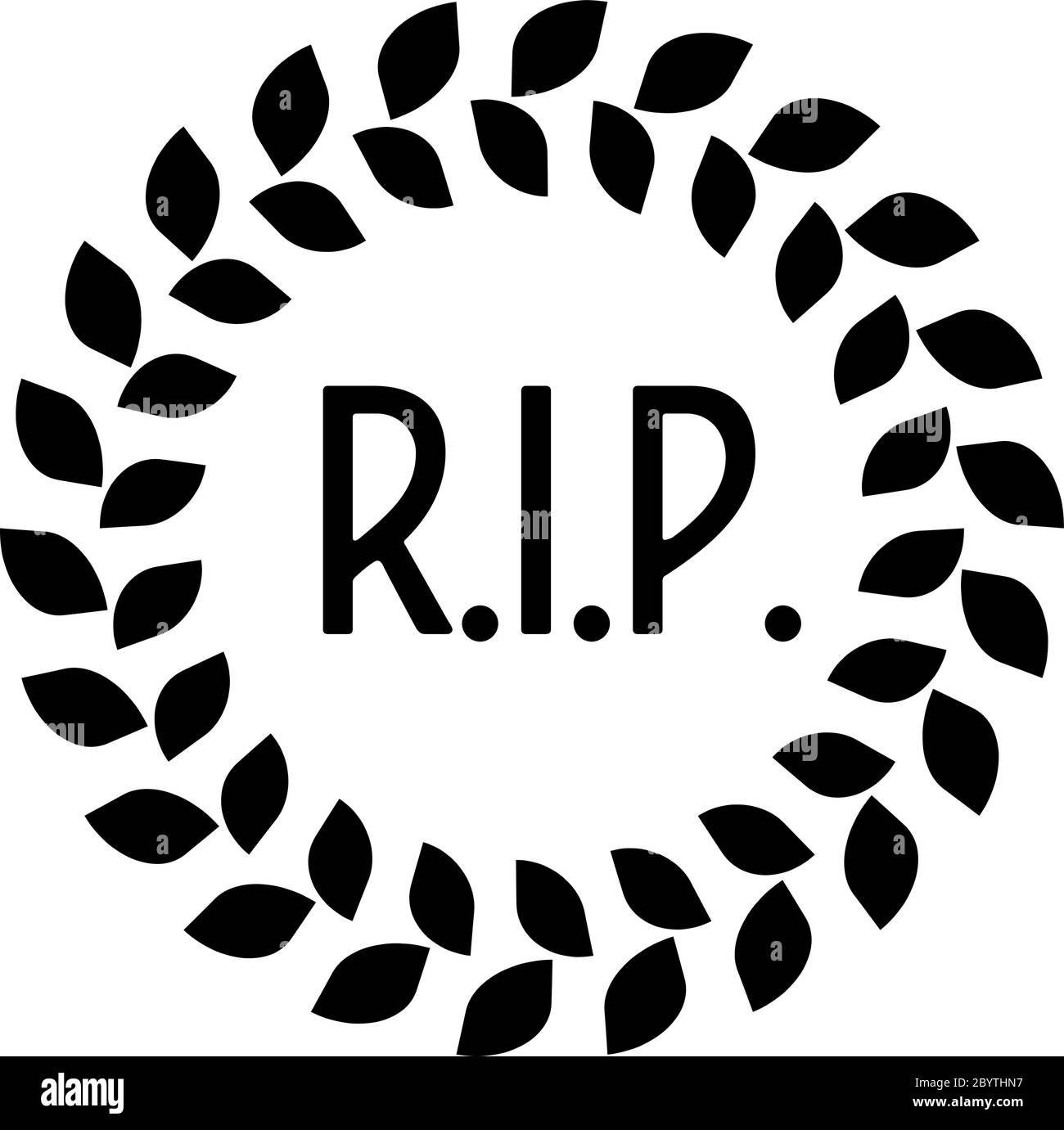 Funeral wreath with R.I.P. label. Rest in peace. Simple flat black ...