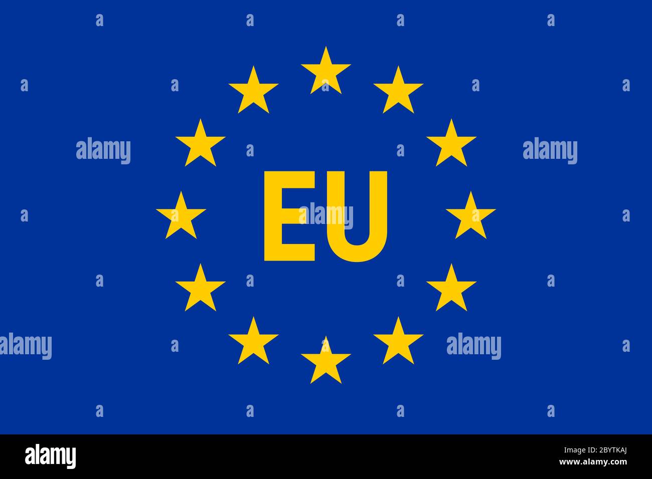 Flag of European Union. Twelve yellow stars on blue background with EU label in the middle. Vector illustration. Stock Vector
