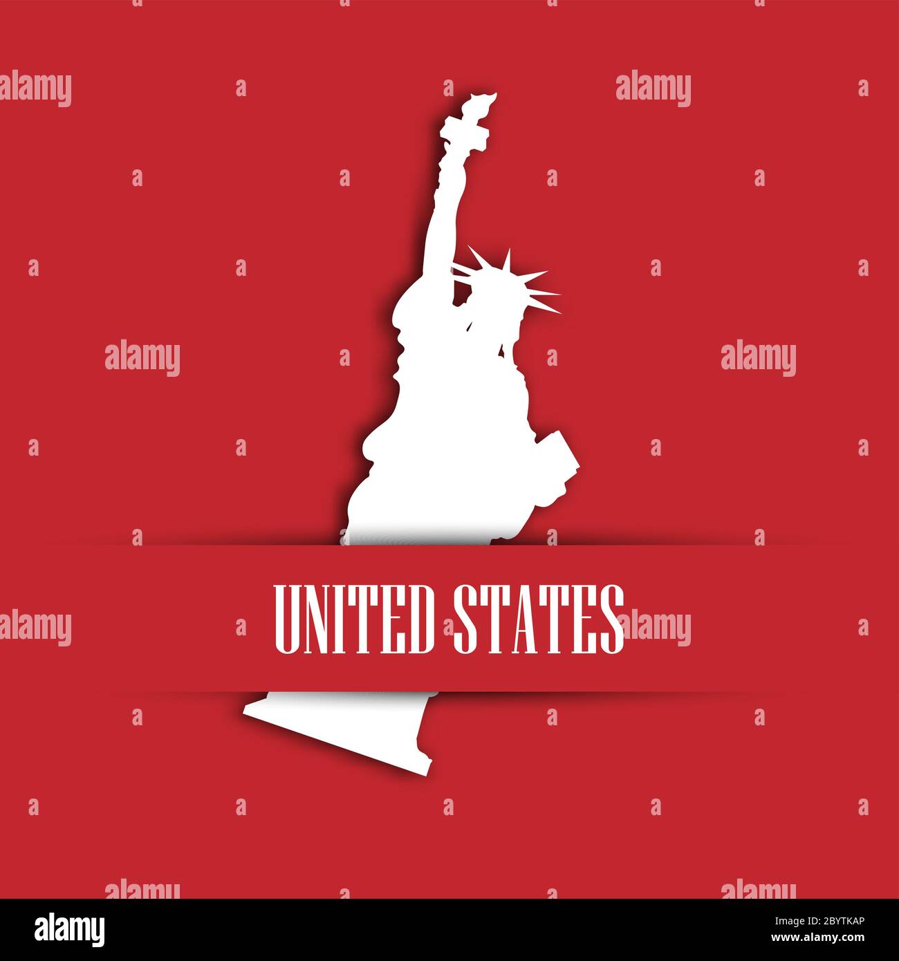 Statue of Liberty white paper cutting in red greeting card pocket with label United States. New York symbol and Independence day theme. Vector illustration. Stock Vector