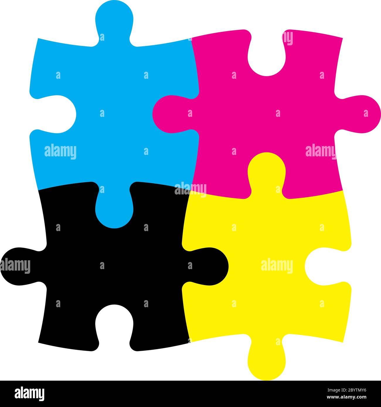 Four jigsaw puzzle pieces in CMYK colors. Printer theme. Vector illustration. Stock Vector