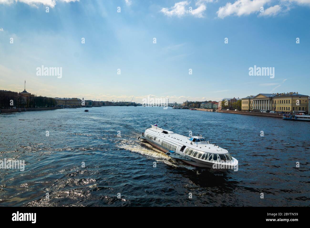 Saint Petersburg, Russia - May 2019: Saint Petersburg river view with aerofoil on Neva river, Saint Petersburg , Russia Stock Photo