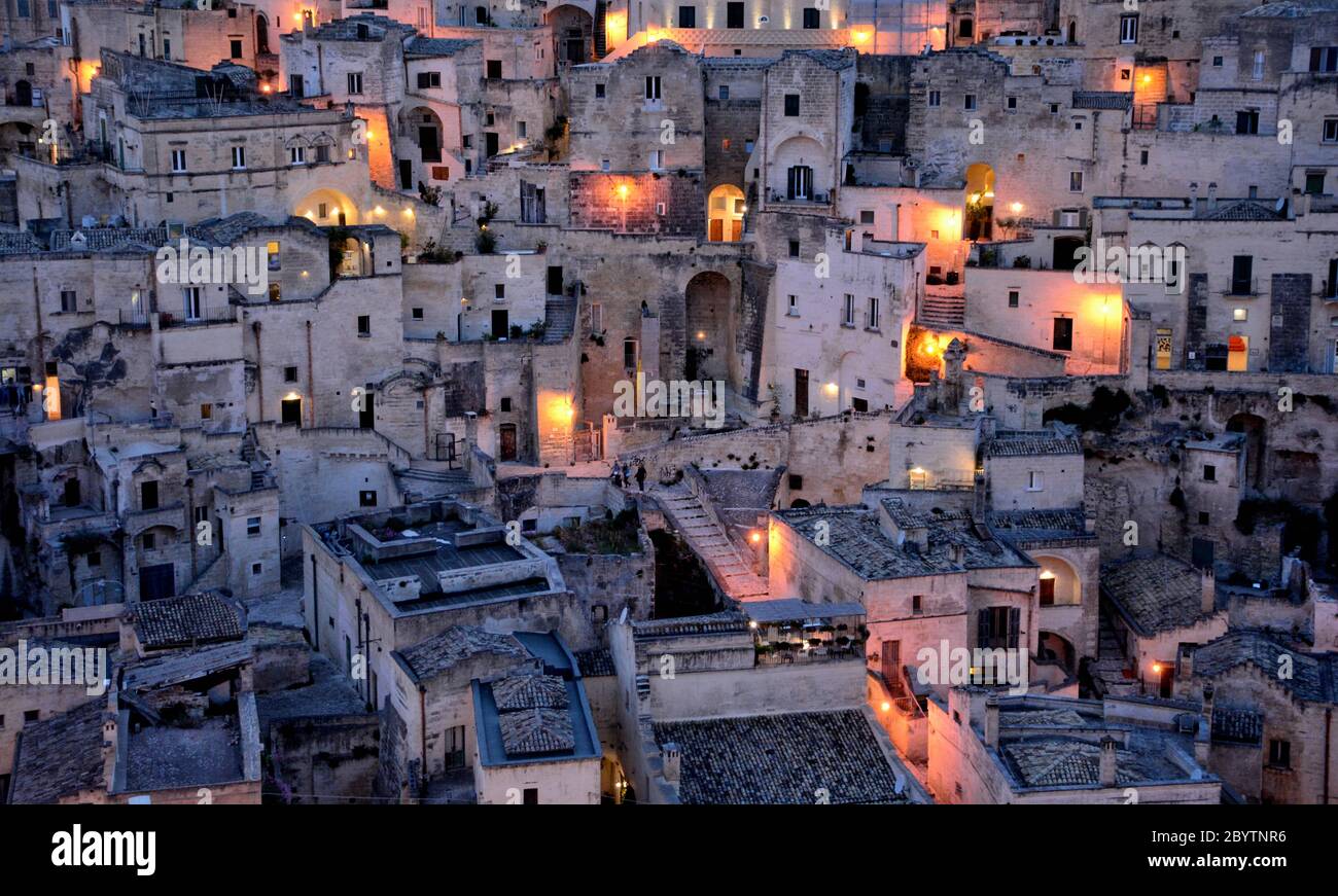 Night view of the historical houses in Matera, Italy Stock Photo