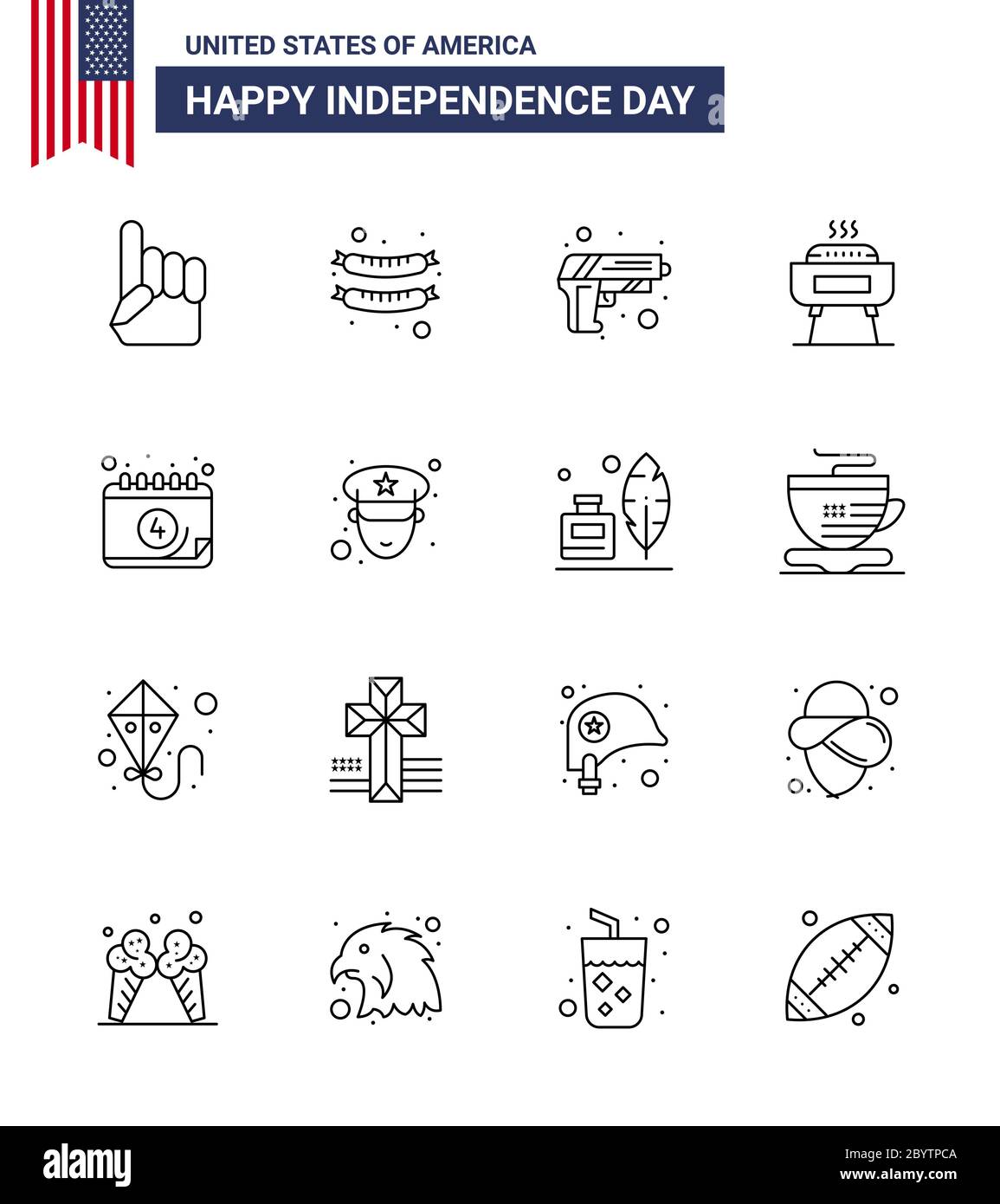 4th July USA Happy Independence Day Icon Symbols Group of 16 Modern Lines of date; american; security; holiday; celebration Editable USA Day Vector De Stock Vector