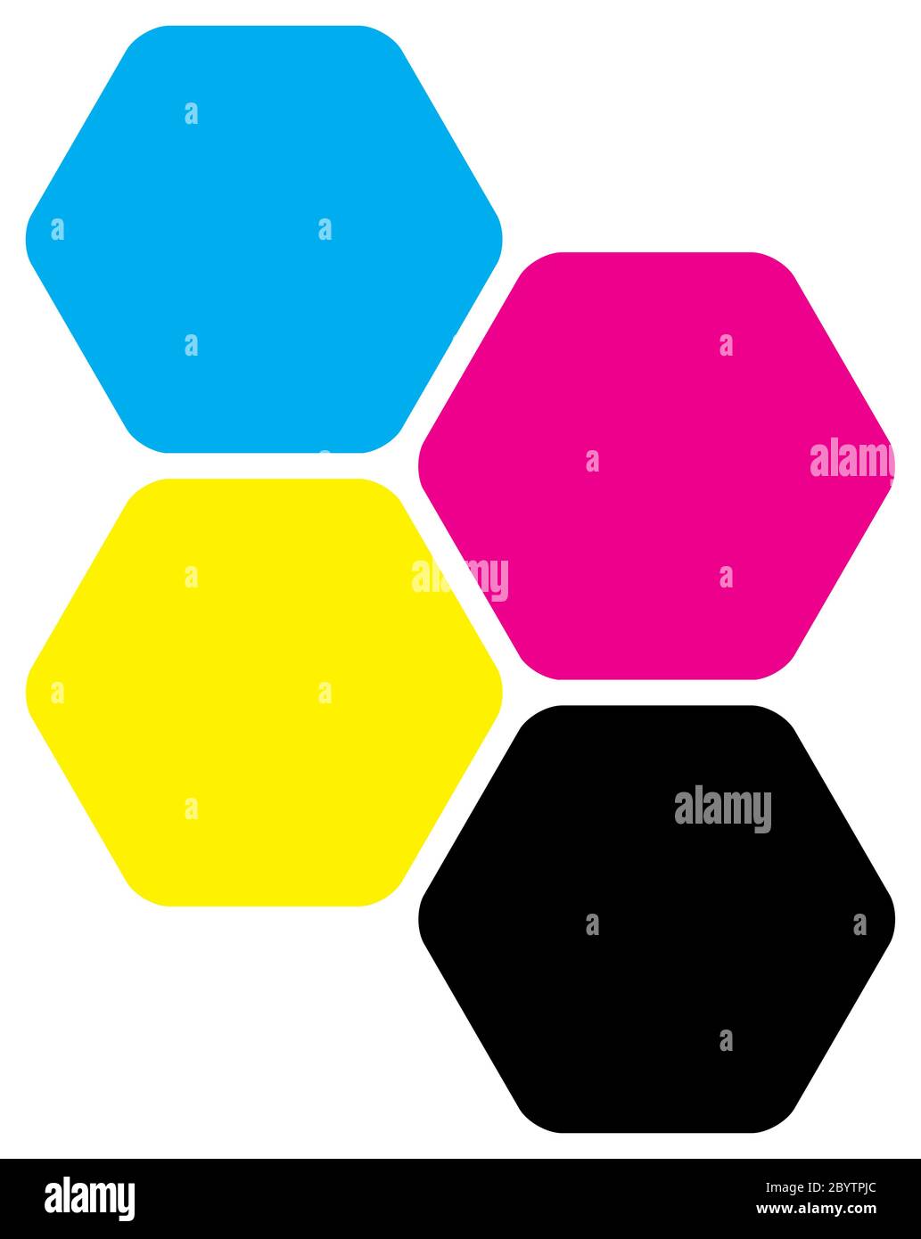 Four hexagons in CMYK colors. Printer theme. Vector illustration. Stock Vector