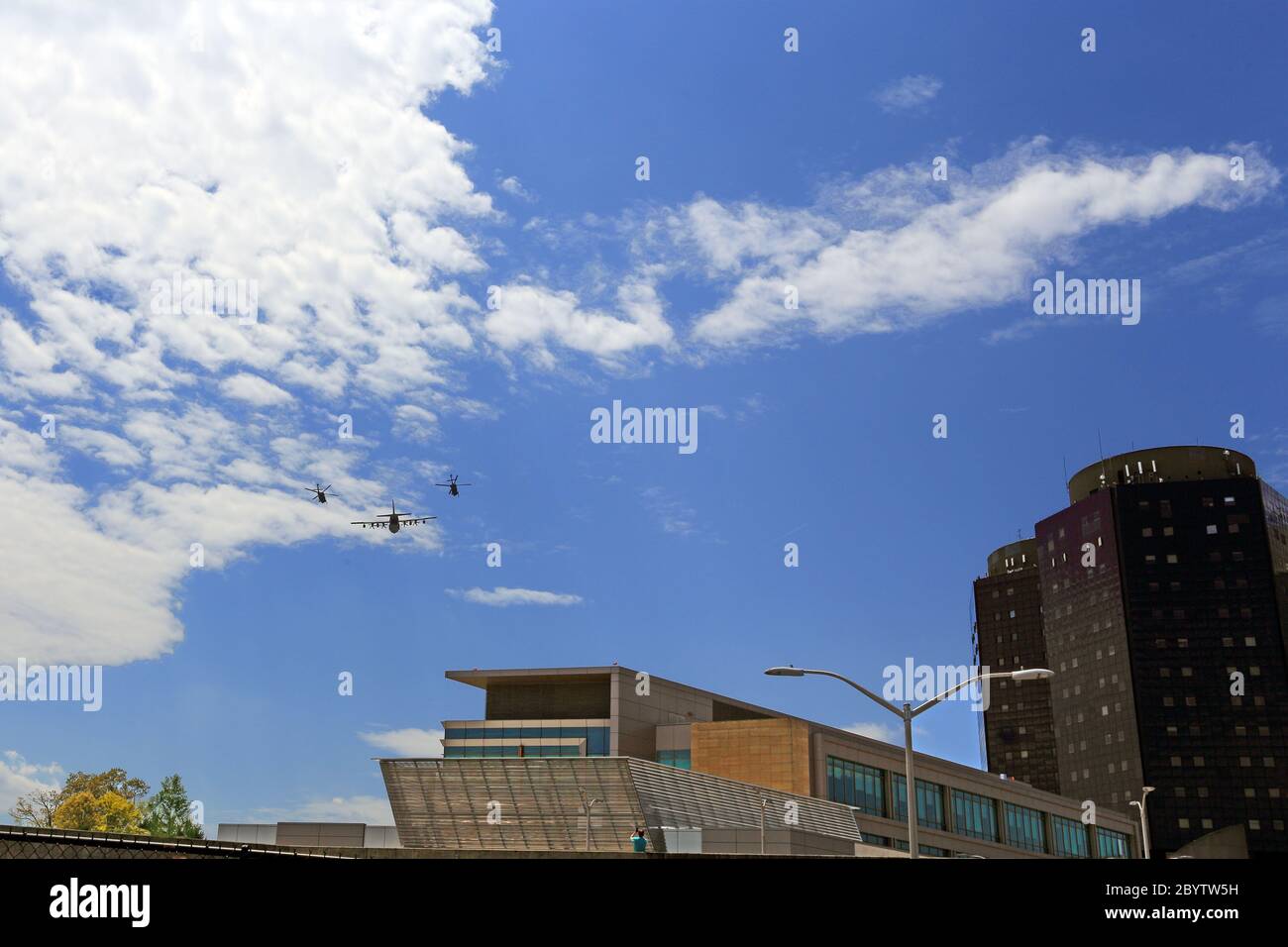 Military flyover Stony Brook Hospital Long Island New York Stock Photo