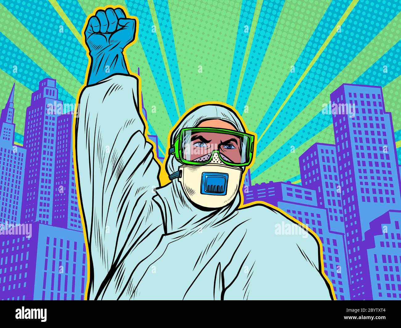 A doctor in a full protection suit. Resistance gesture. Epidemic coronavirus covid19 Stock Vector