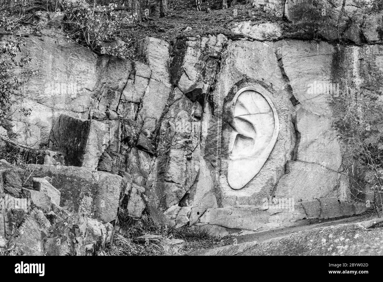 LIPNICE NAD SAZAVOU, CZECH REPUBLIC - DECEMBER 31, 2018: Bretschneider's Ear scuplture in old granite rock quarry near Lipnice Castle. Black and white image. Stock Photo