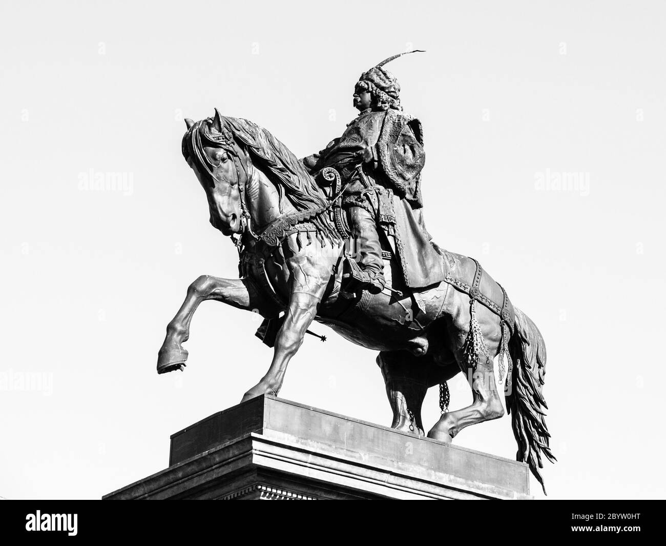 PODEBRADY, CZECH REPUBLIC - FEBRUARY 26, 2018: Equestrian statue of George of Podebrady, Jiri z Podebrad, in Podebrady, Czech Republic. Black and white image. Stock Photo