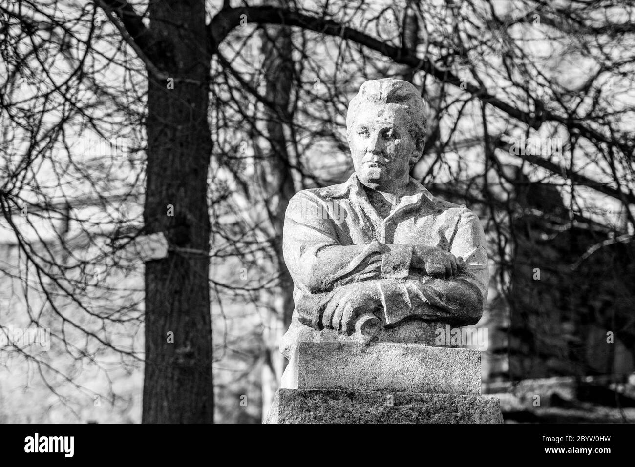 LIPNICE NAD SAZAVOU, CZECH REPUBLIC - DECEMBER 31, 2018: Memorial with busta of Jaroslav Hasek - Czech writer and journalist. Author of novel The Good Soldier Svejk. Black and white image. Stock Photo