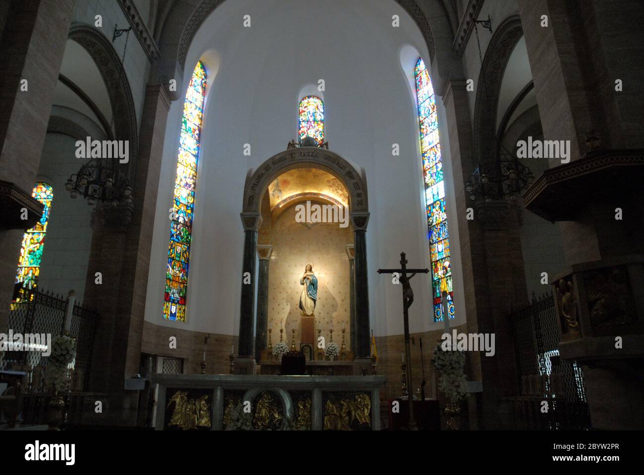 Stained Glass Windows in Manila Cathedral, Intramuros, Philippines. Stock Photo