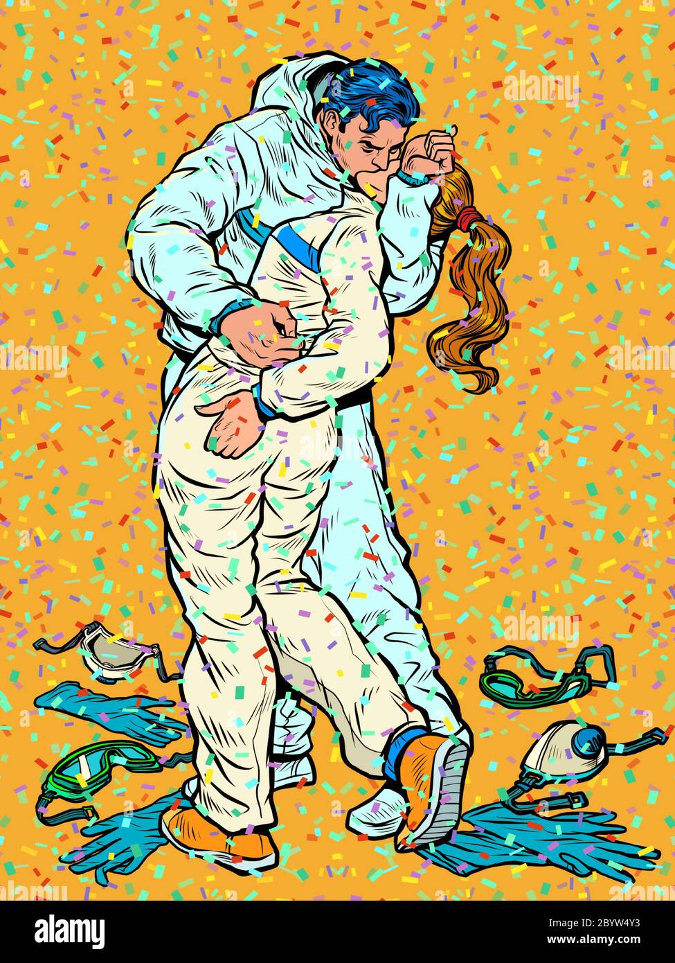 kiss of victory over coronavirus. people in medical protection suits Stock Vector