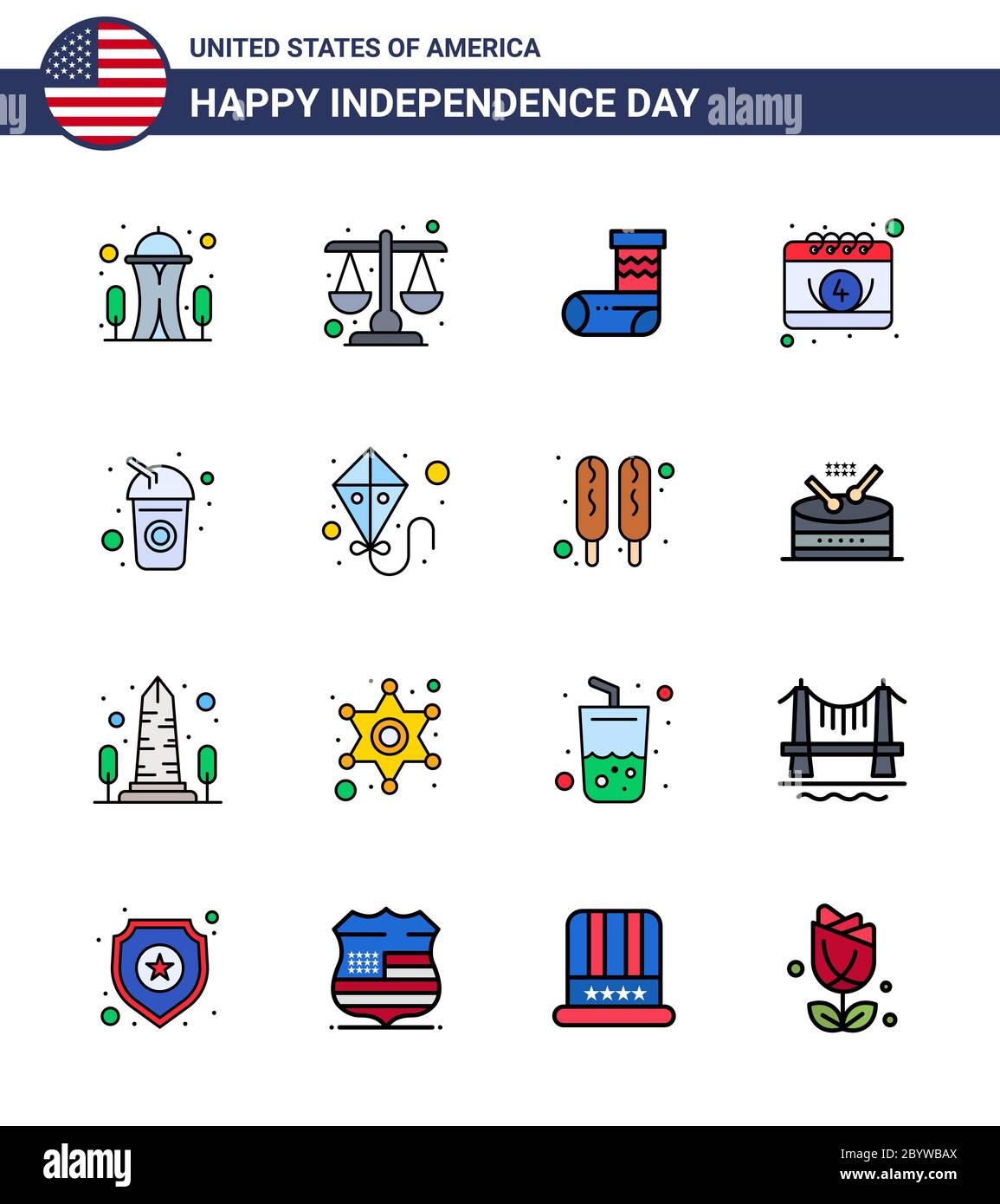 16 USA Flat Filled Line Signs Independence Day Celebration Symbols of cola; day; celebration; date; american Editable USA Day Vector Design Elements Stock Vector